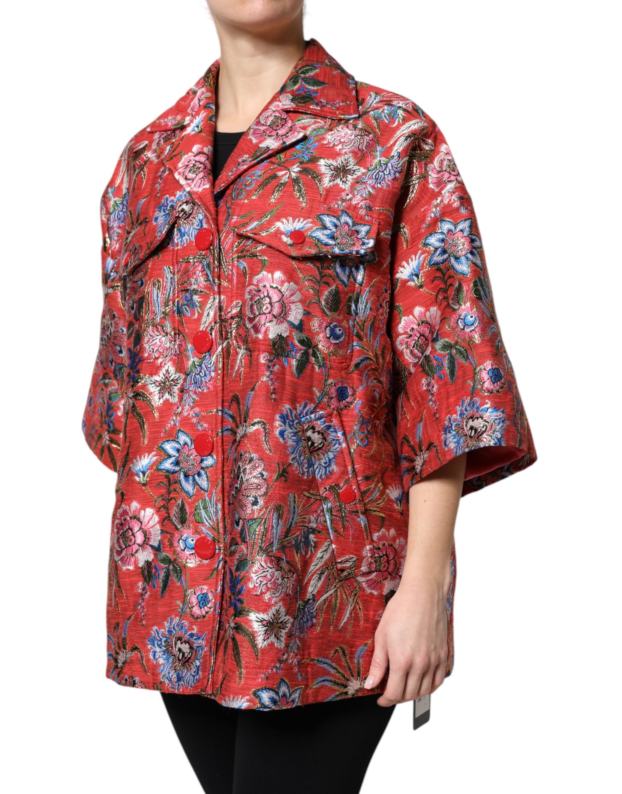 Dolce & Gabbana Red Floral Jacquard Coat with Button Placket Jacket-3