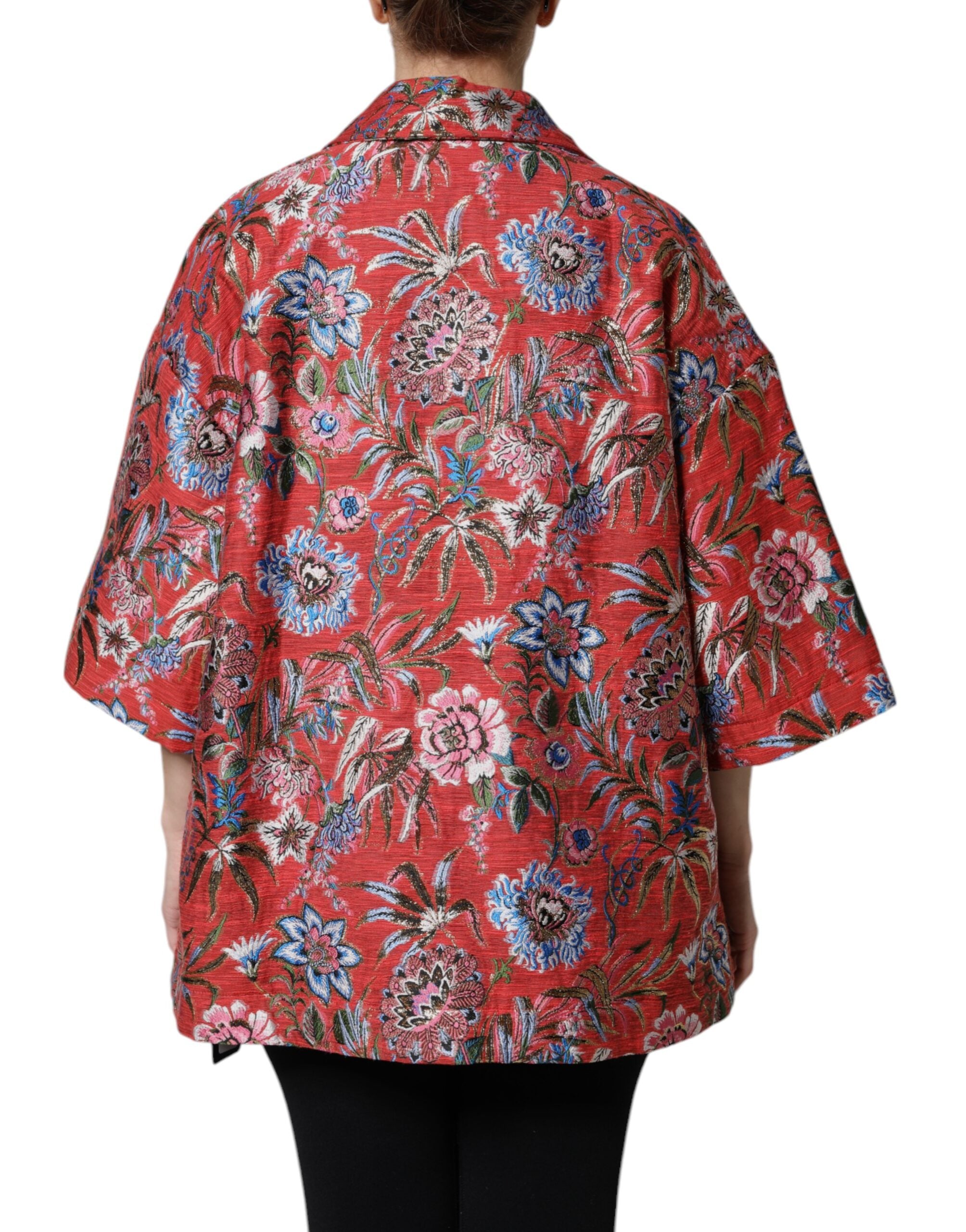 Dolce & Gabbana Red Floral Jacquard Coat with Button Placket Jacket-4