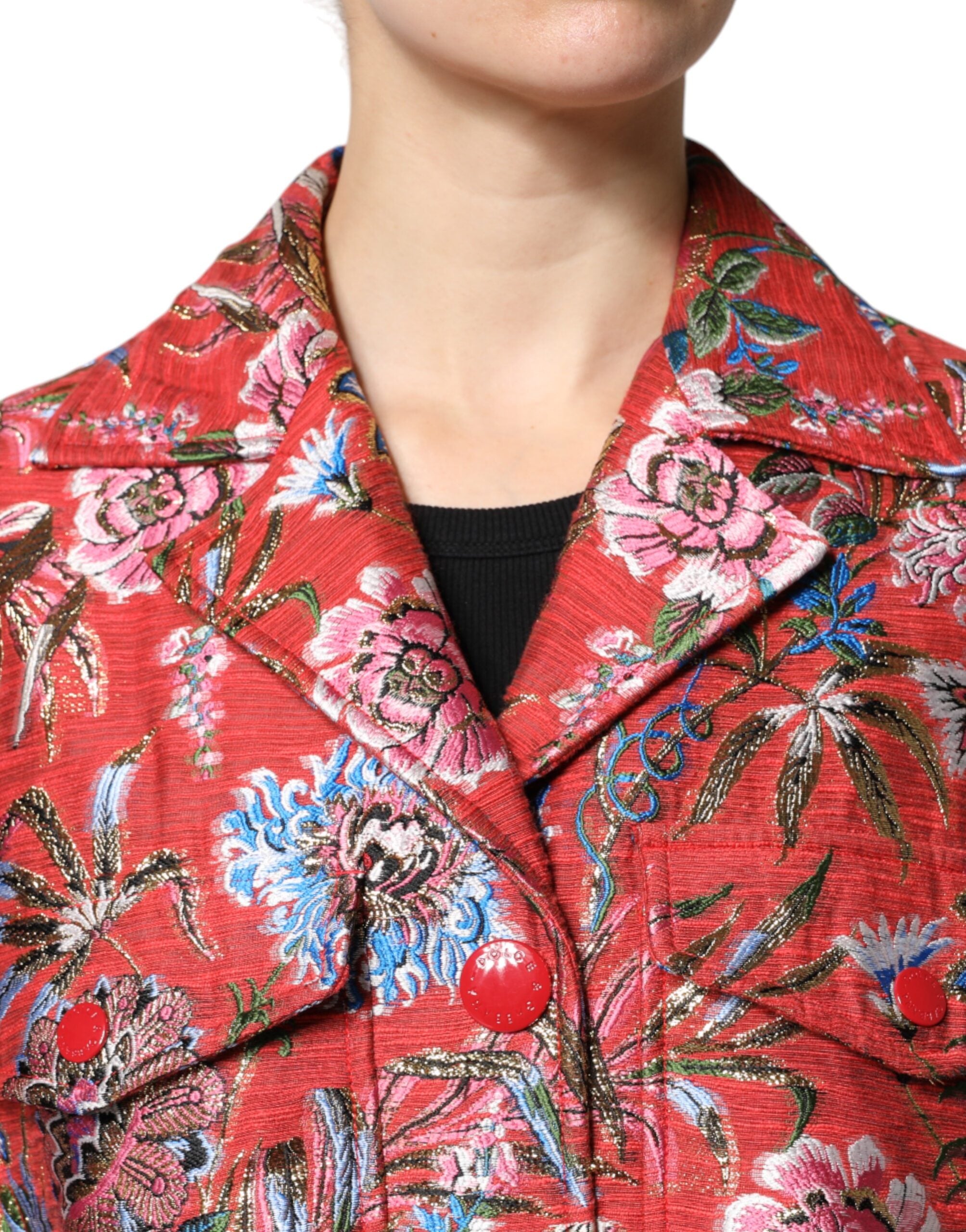 Dolce & Gabbana Red Floral Jacquard Coat with Button Placket Jacket-5