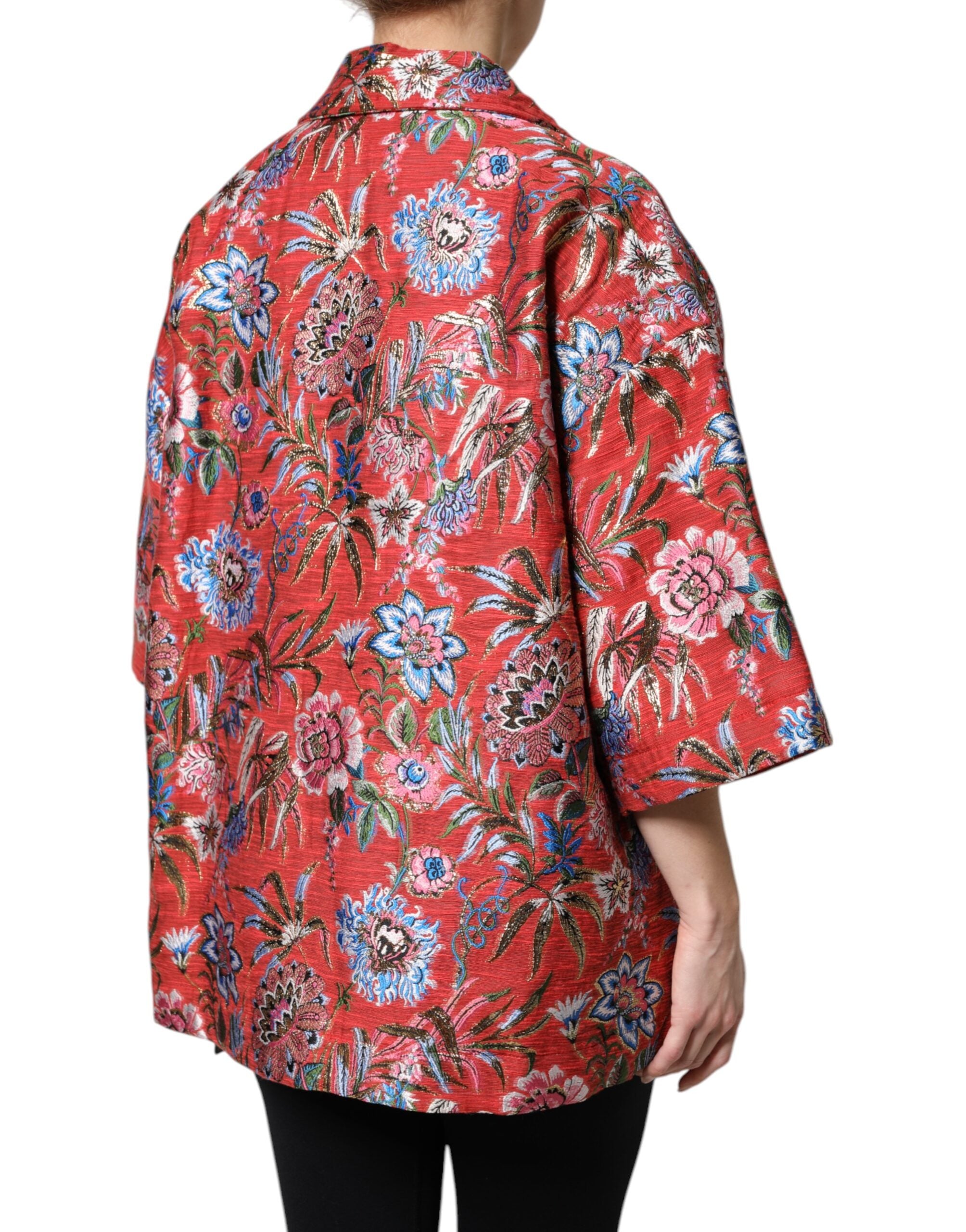 Dolce & Gabbana Red Floral Jacquard Coat with Button Placket Jacket-6