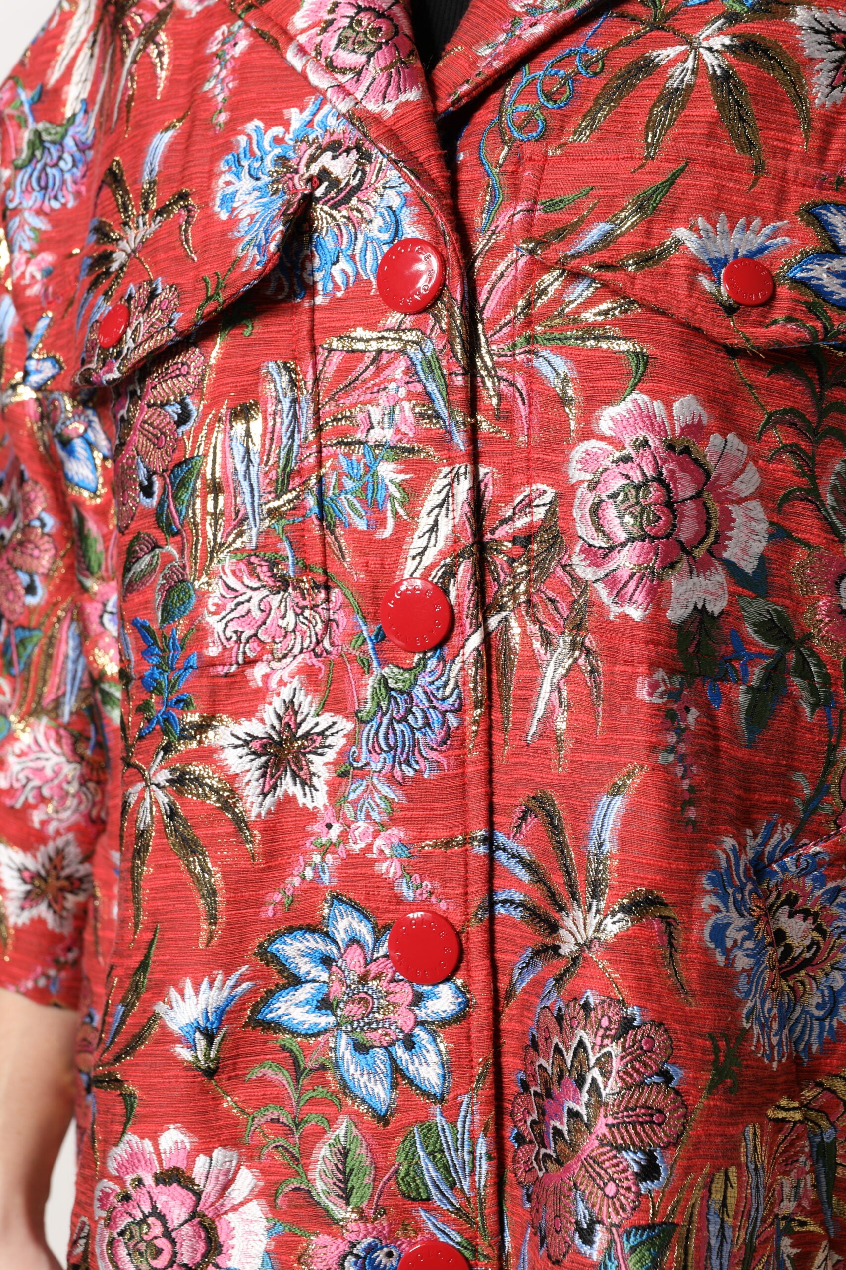 Dolce & Gabbana Red Floral Jacquard Coat with Button Placket Jacket-7