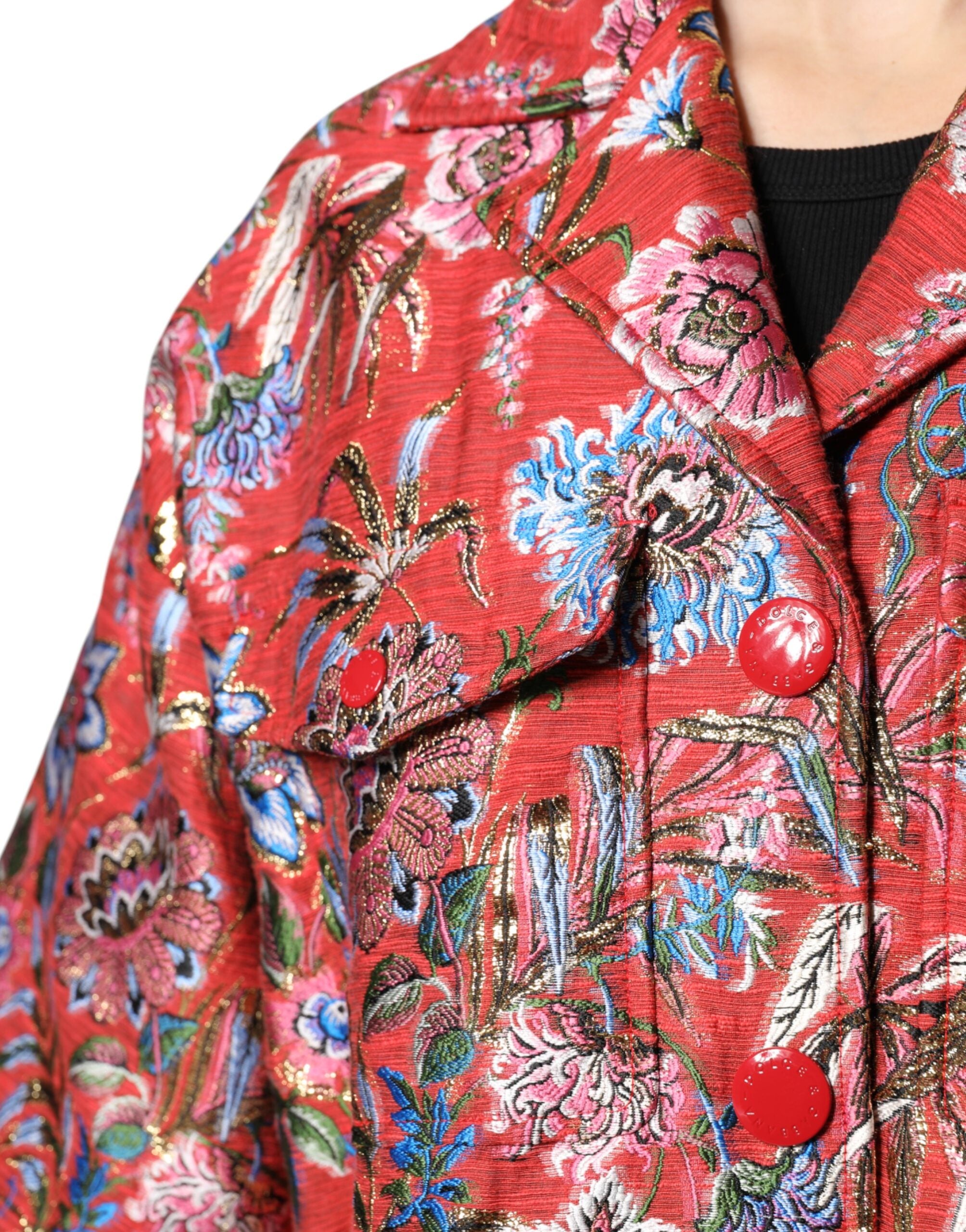 Dolce & Gabbana Red Floral Jacquard Coat with Button Placket Jacket-8