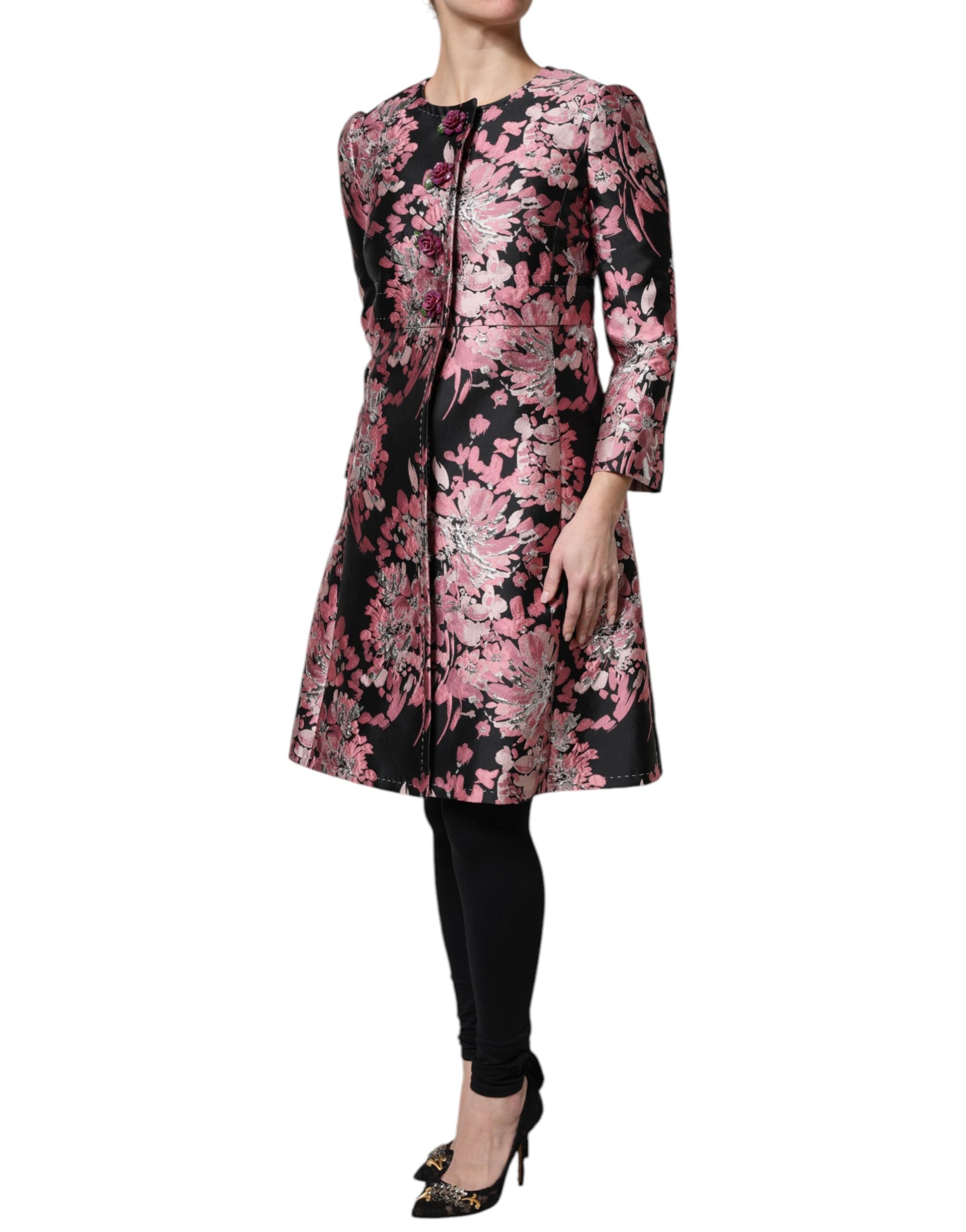 Dolce & Gabbana Pink Black Floral Brocade Trench Coat Jacket-2