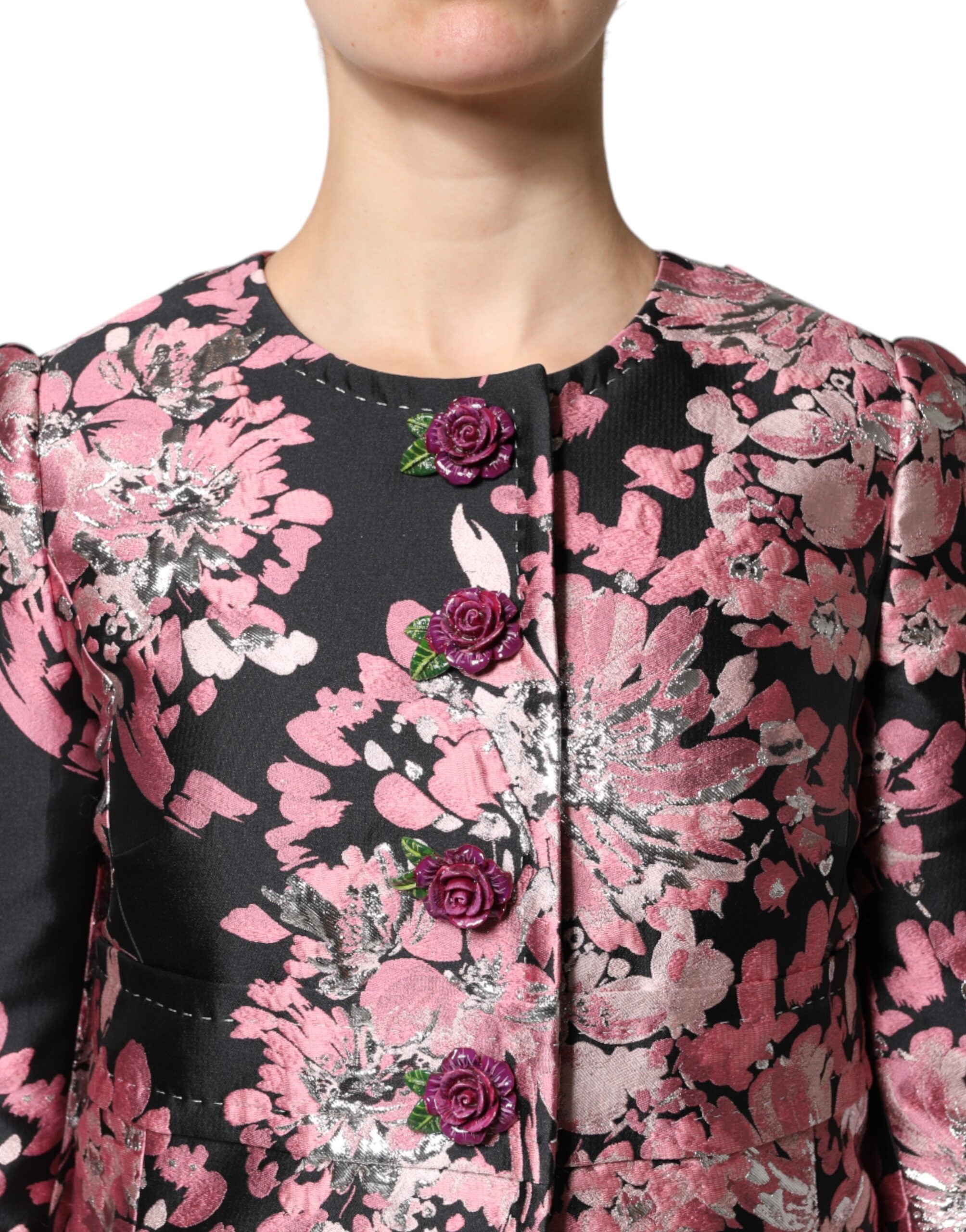 Dolce & Gabbana Pink Black Floral Brocade Trench Coat Jacket-5