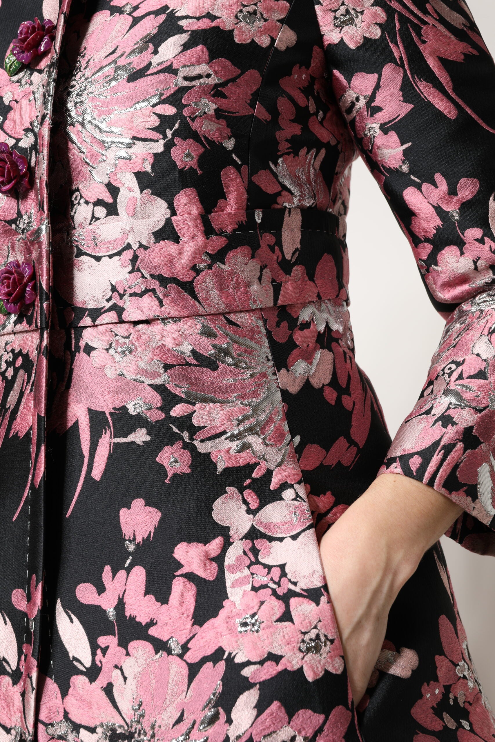 Dolce & Gabbana Pink Black Floral Brocade Trench Coat Jacket-7
