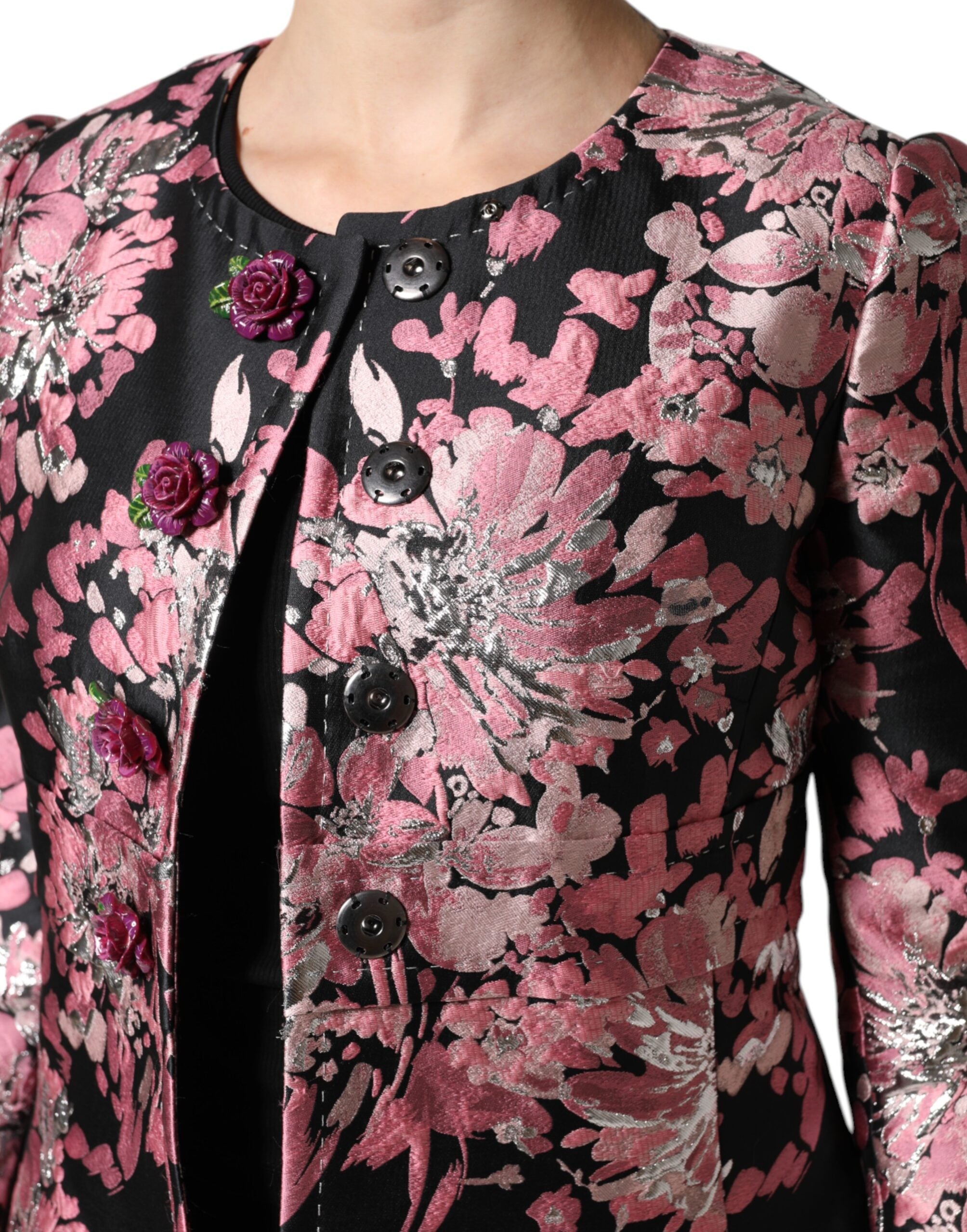 Dolce & Gabbana Pink Black Floral Brocade Trench Coat Jacket-8