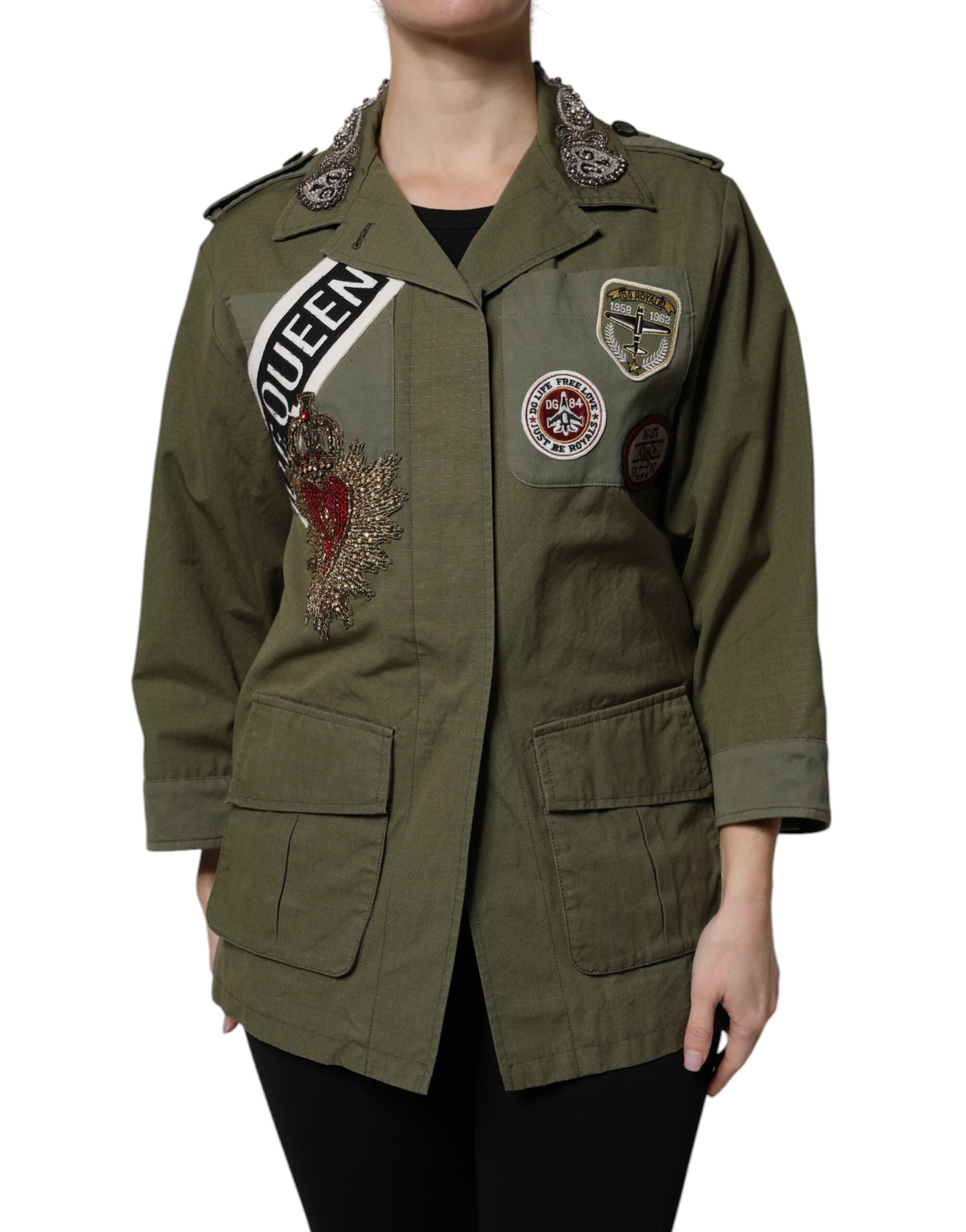 Dolce & Gabbana Military Green Ornate Coat Jacket Queen-2