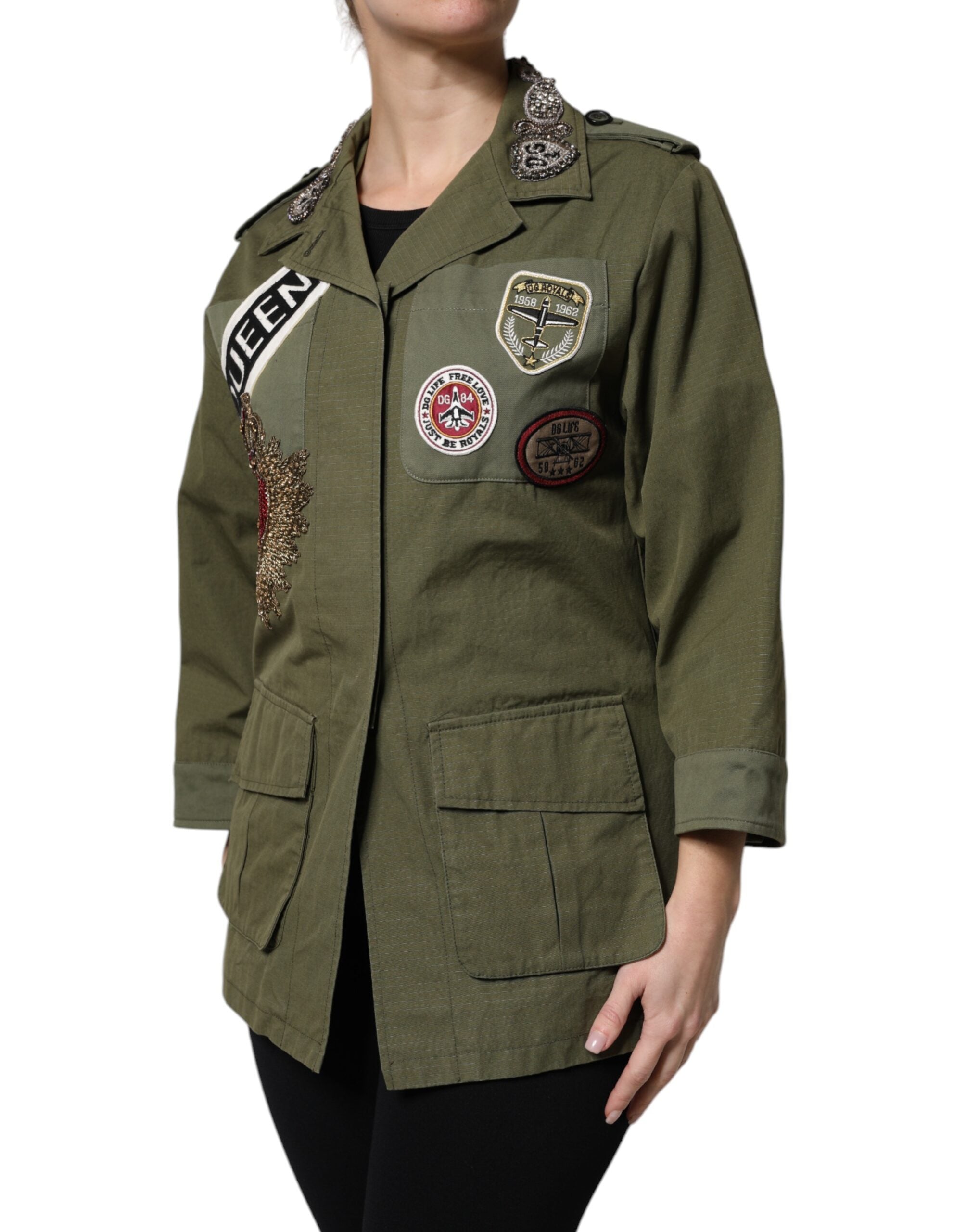 Dolce & Gabbana Military Green Ornate Coat Jacket Queen-3
