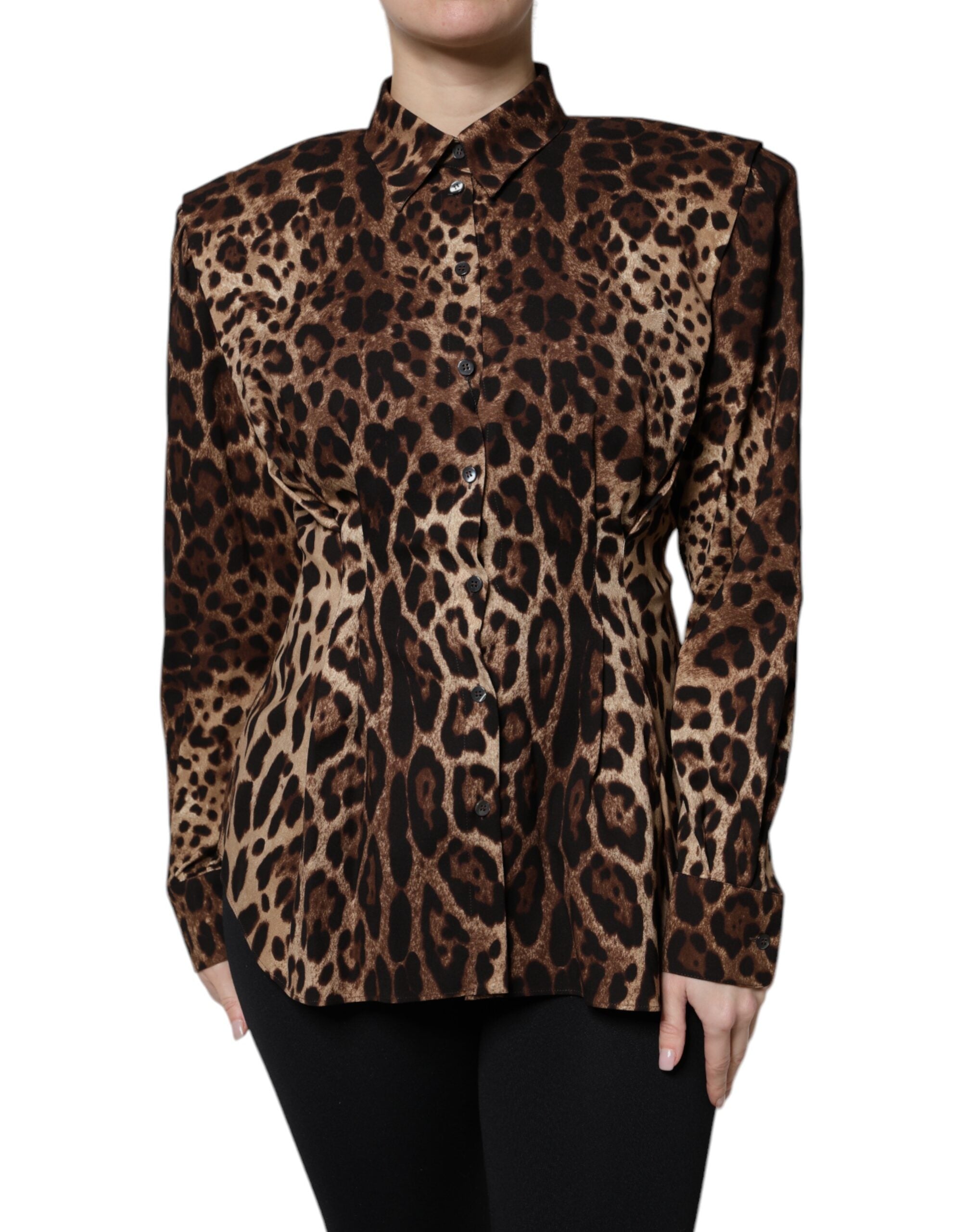 Dolce & Gabbana Brown Leopard Silk Coat with Button Placket Jacket