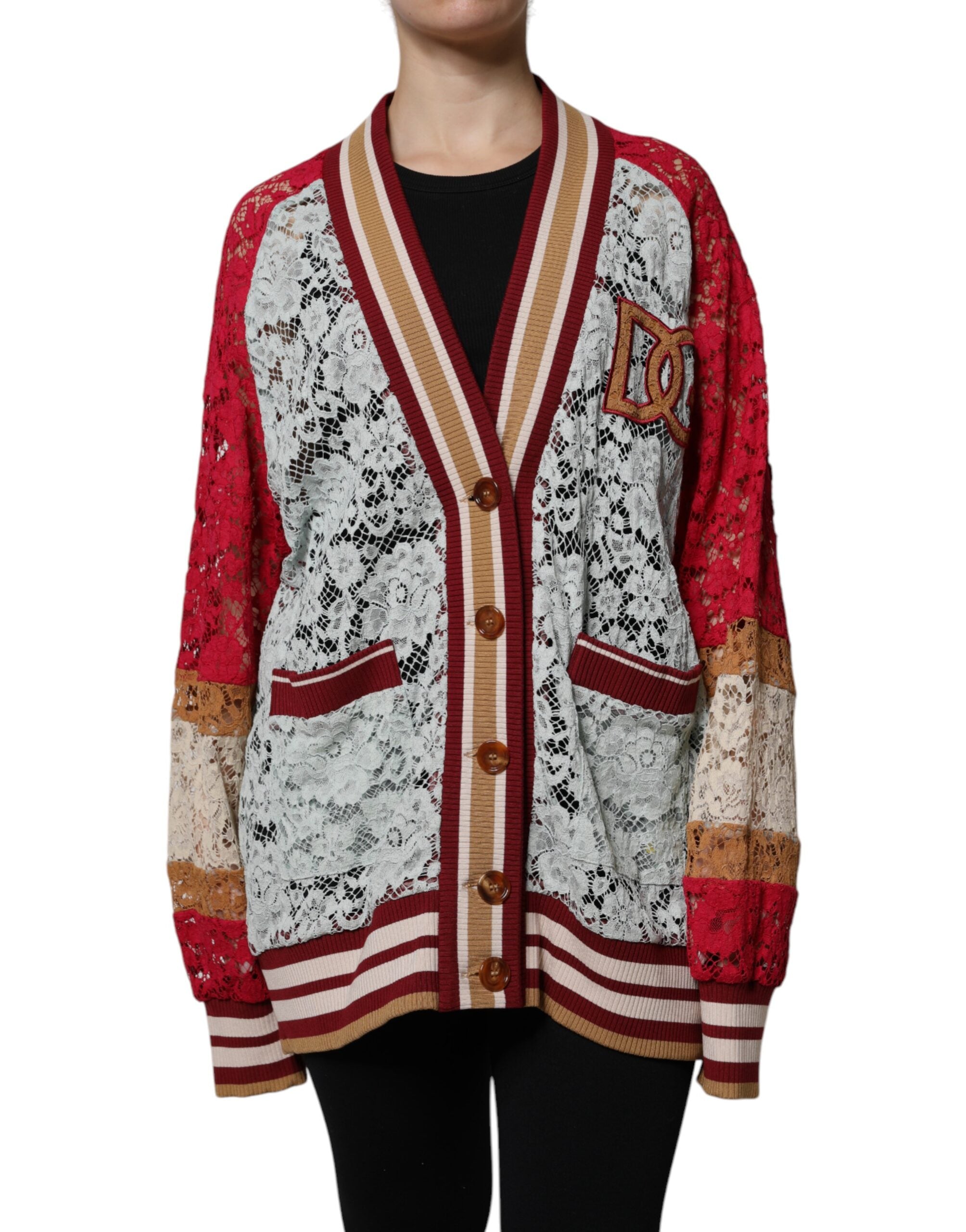 Dolce & Gabbana Mehrfarbige Strickjacke mit floraler Spitze-1