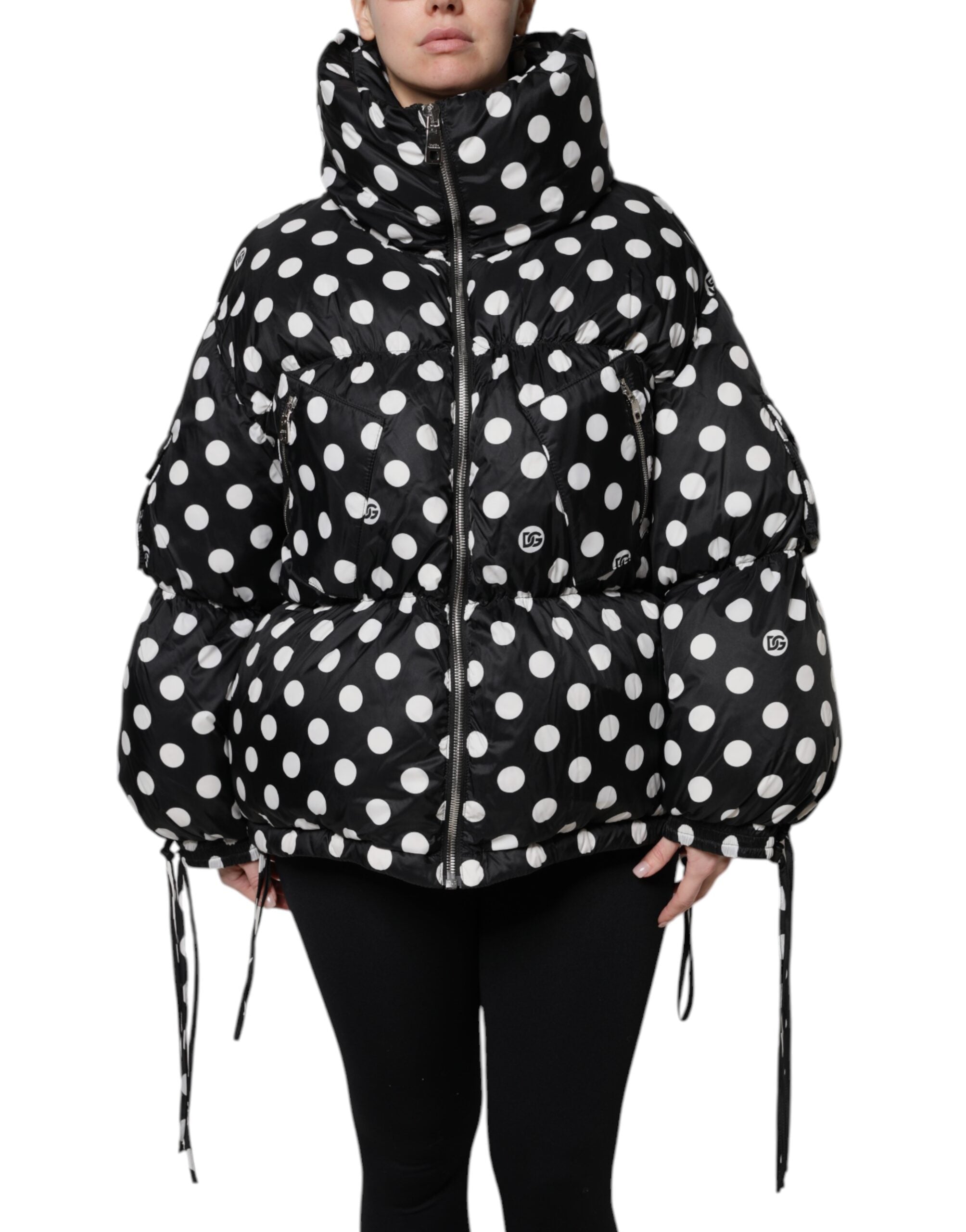 Dolce & Gabbana black and white polka dot puffer jacket with full-length zipper-2