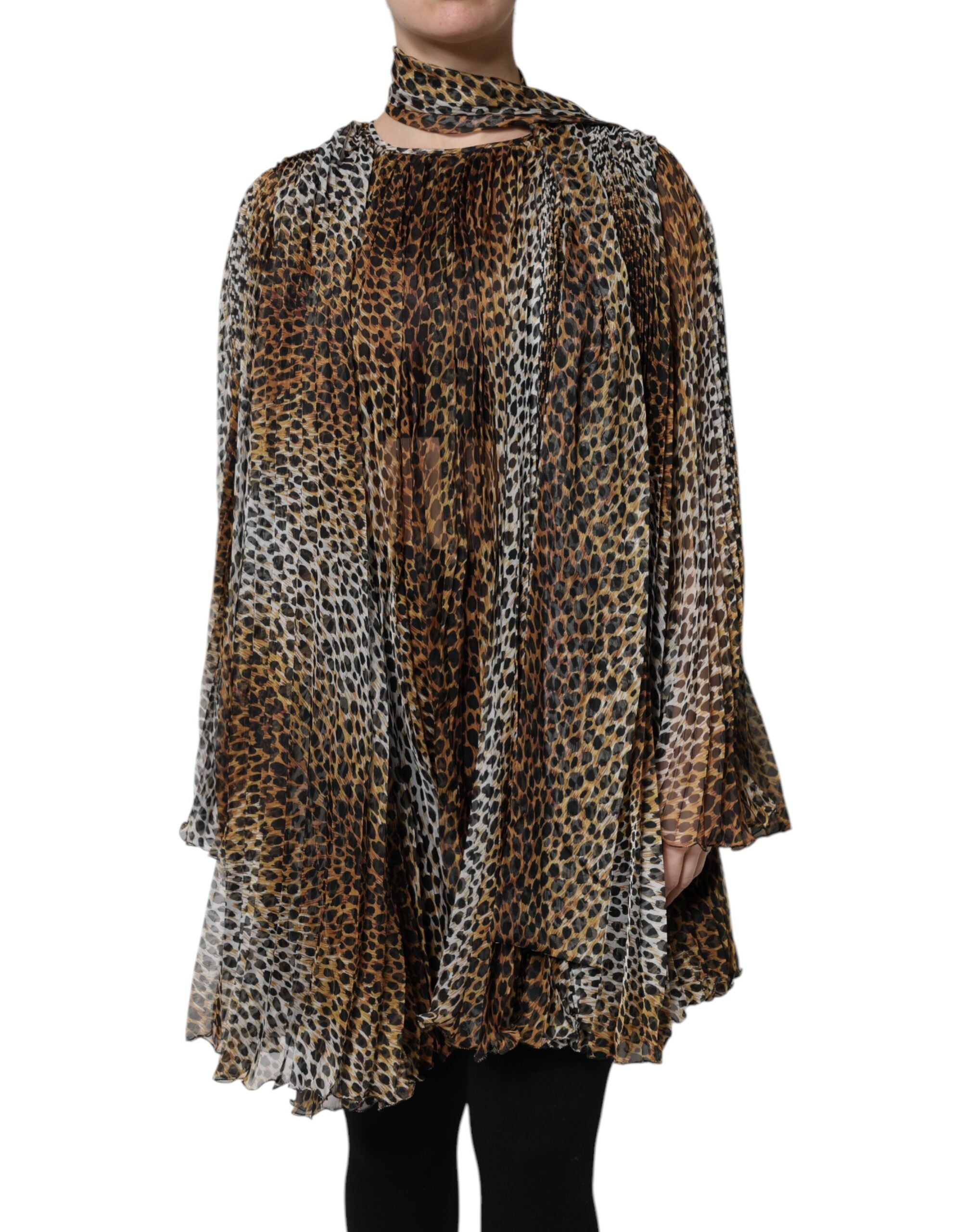 Vestido Dolce & Gabbana de gasa marrón con estampado de leopardo y pañuelo-1