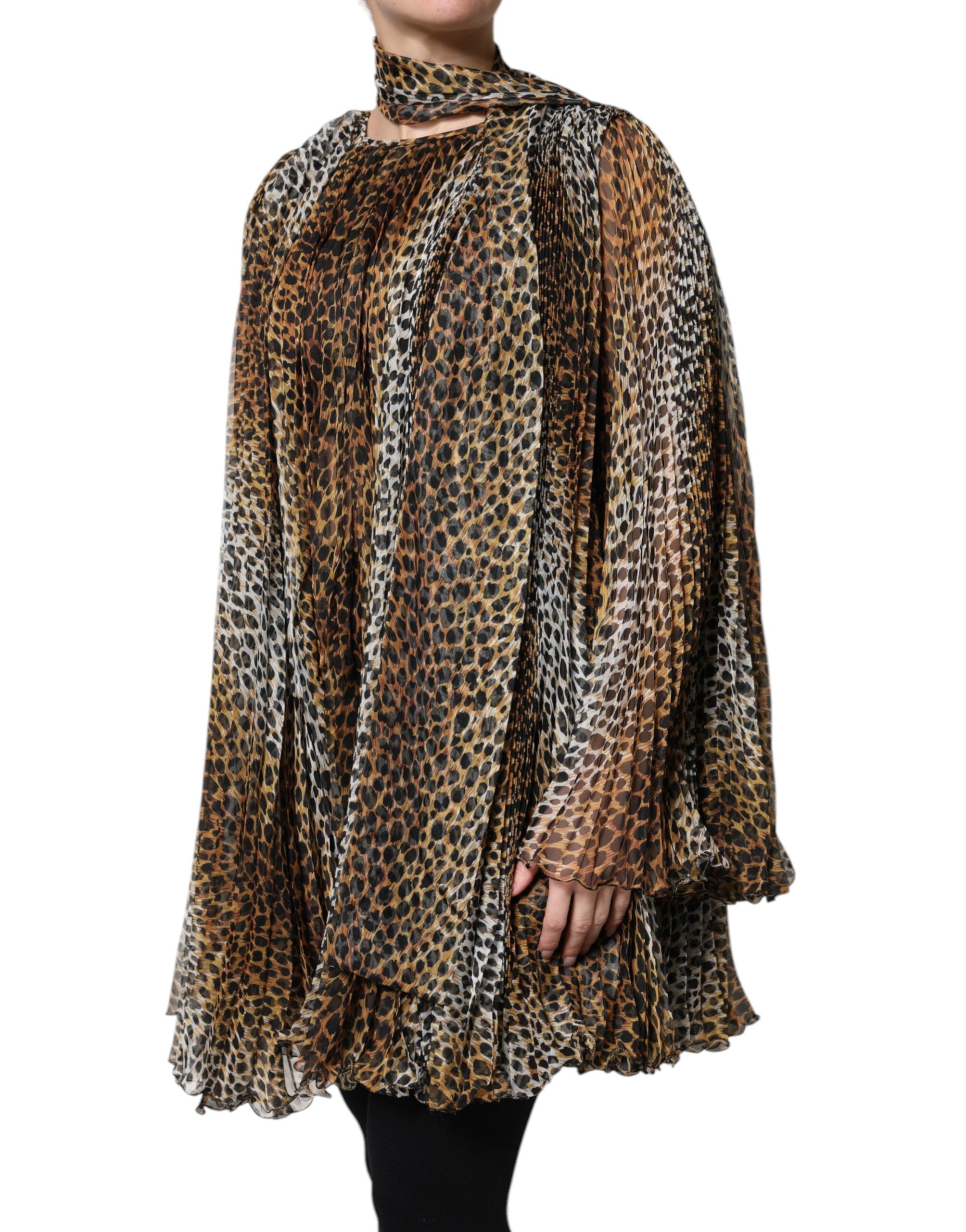 Vestido Dolce & Gabbana de gasa marrón con estampado de leopardo y pañuelo-3