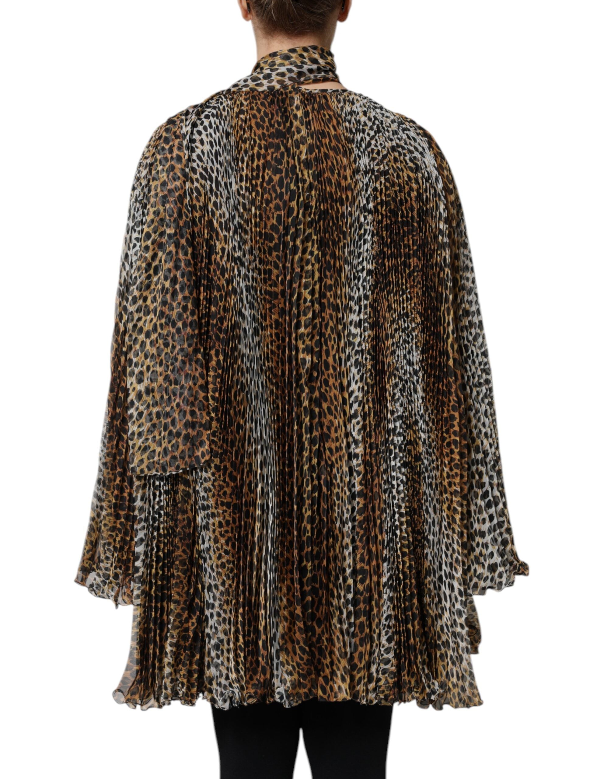 Vestido Dolce & Gabbana de gasa marrón con estampado de leopardo y pañuelo-4