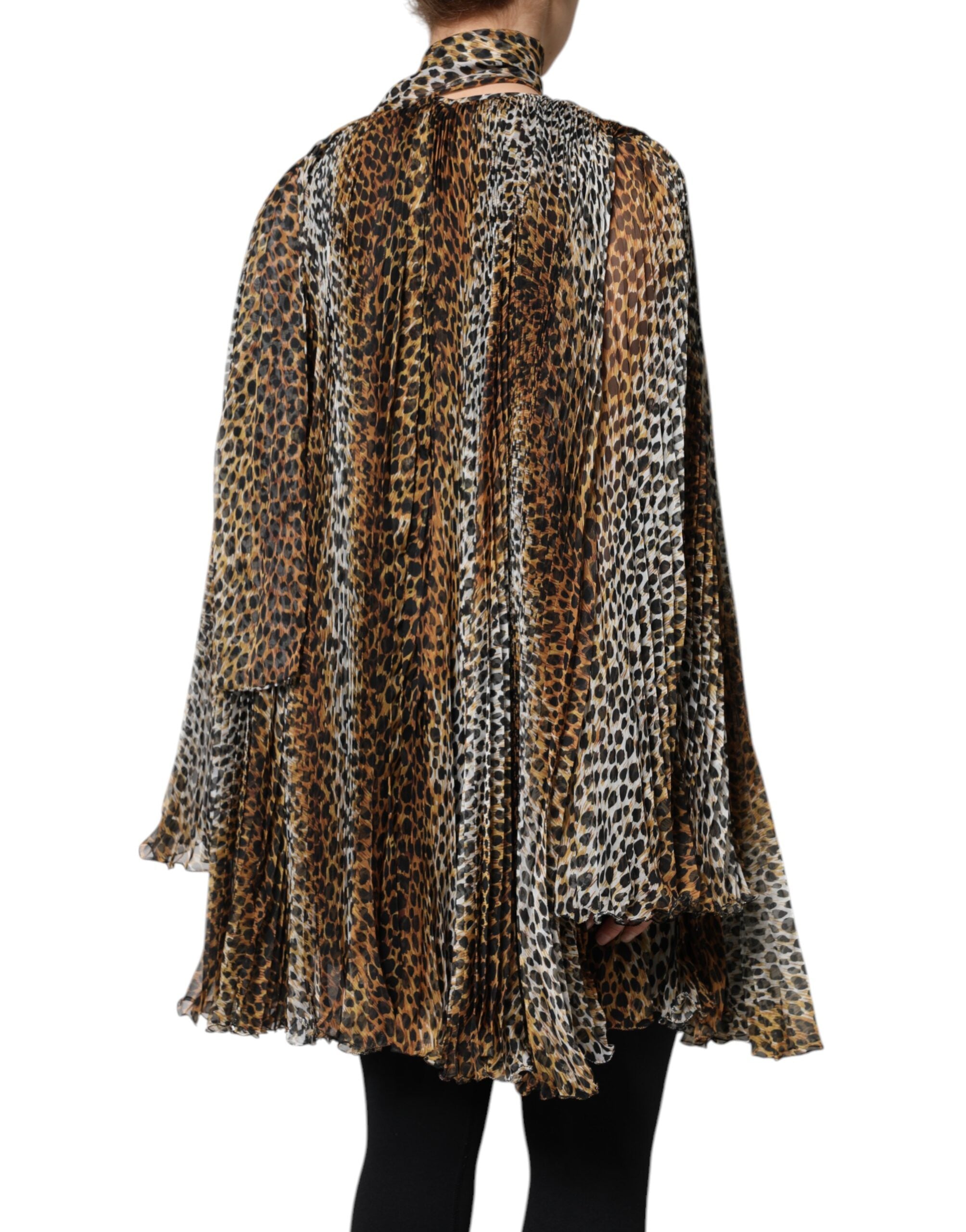 Vestido Dolce & Gabbana de gasa marrón con estampado de leopardo y pañuelo-5