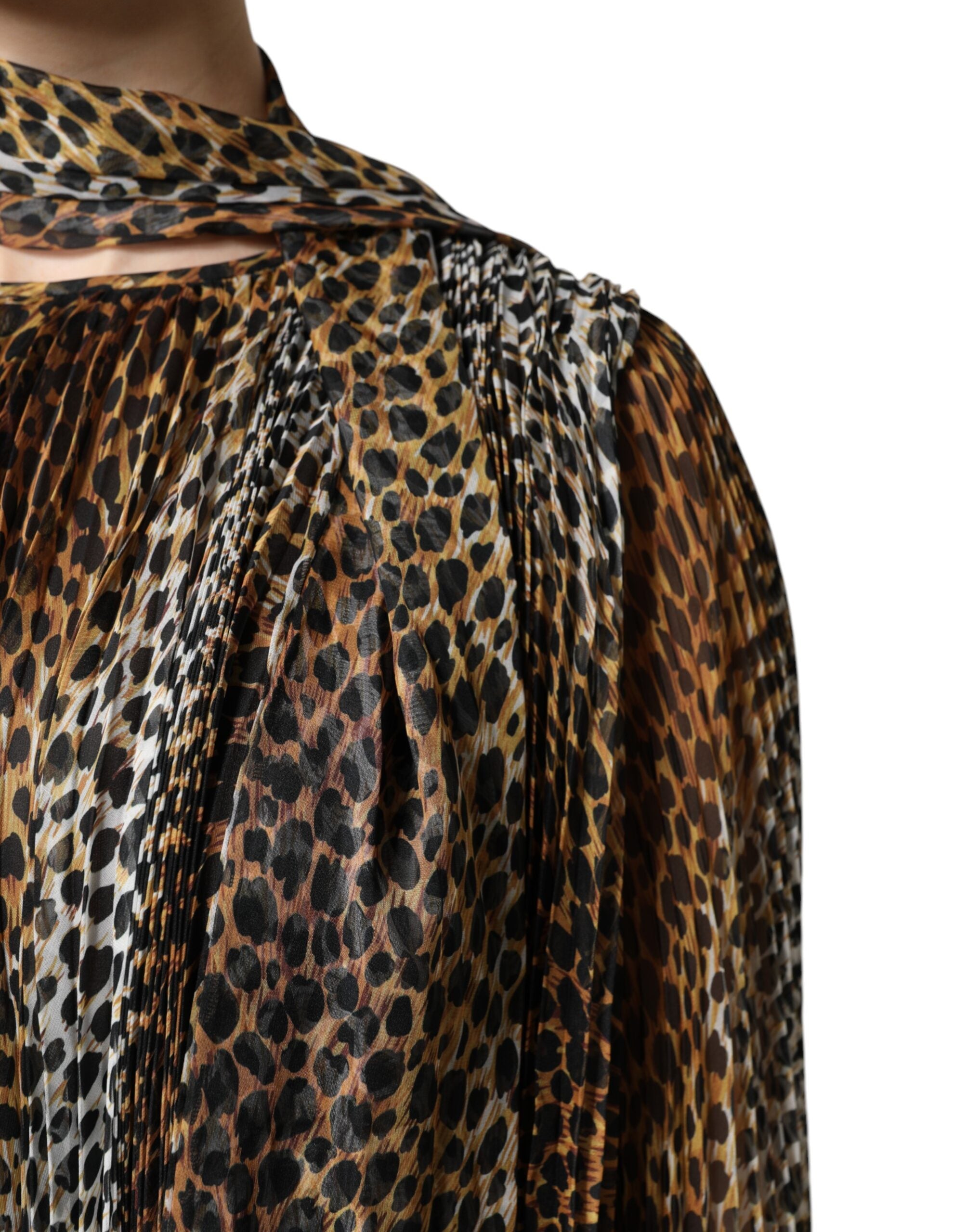Vestido Dolce & Gabbana de gasa marrón con estampado de leopardo y pañuelo-7