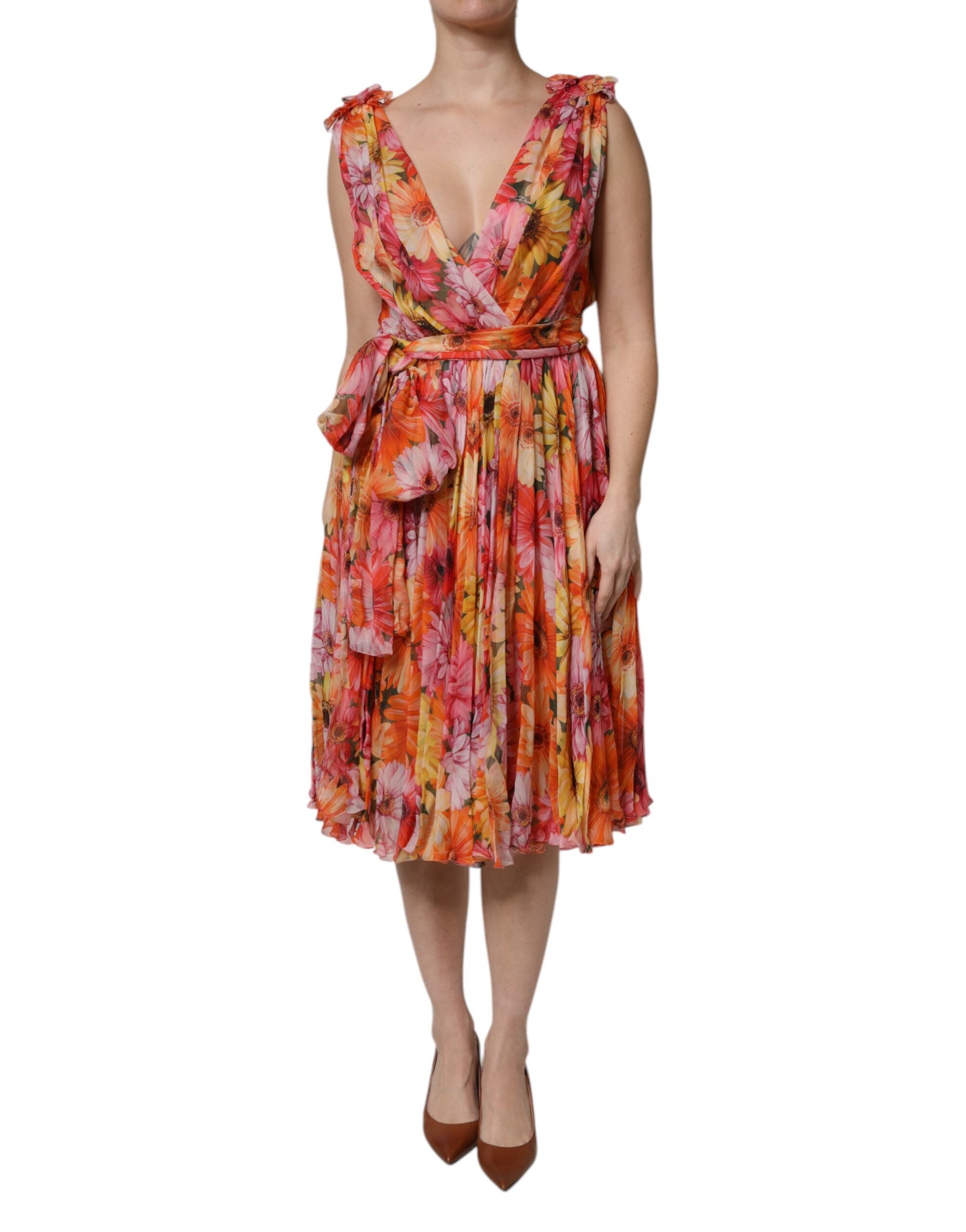 Dolce & Gabbana Multicolor Floral Seide V-Ausschnitt Chiffon Kleid-2