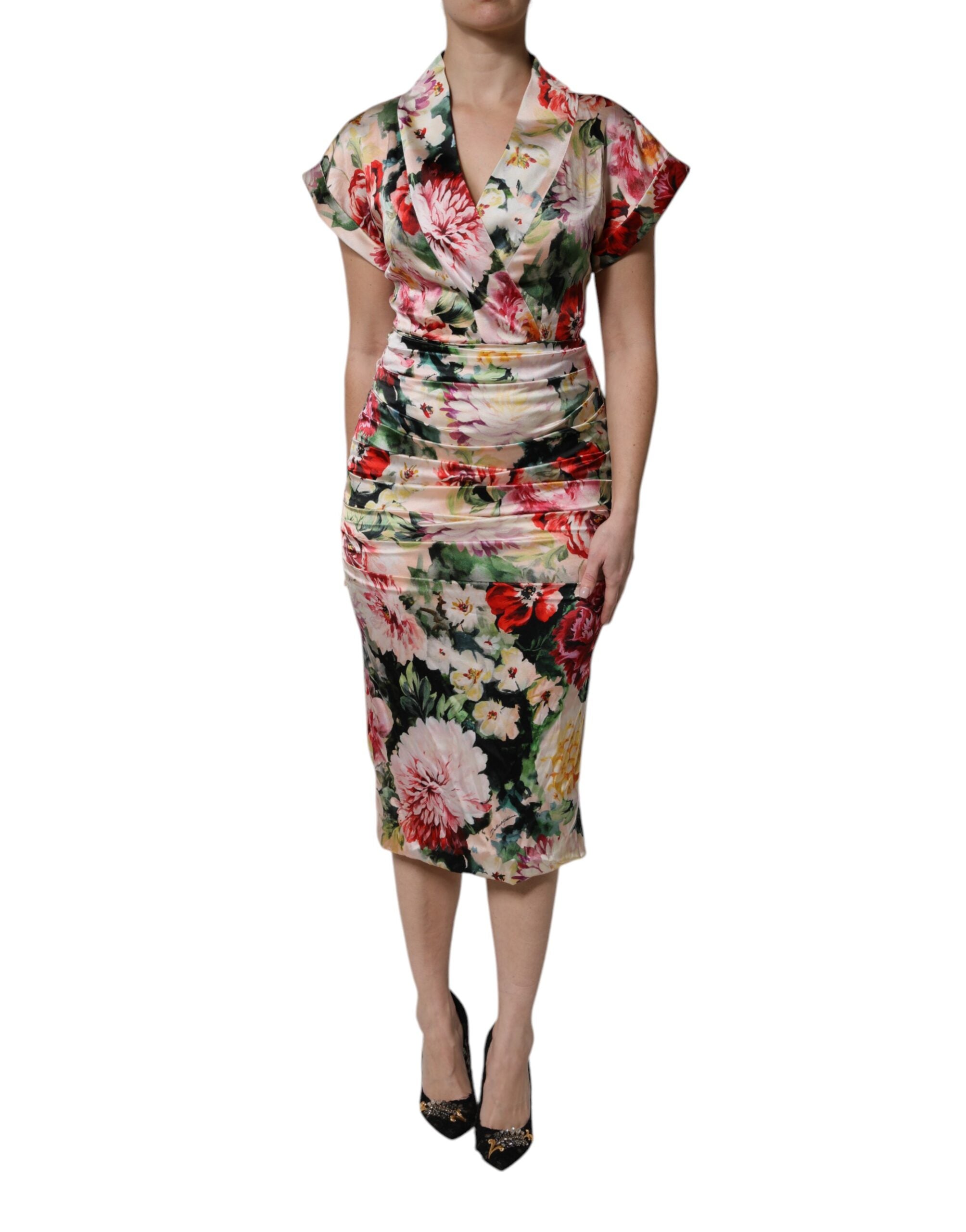 Dolce & Gabbana Multicolor Floral Short Sleeve Sheath Midi Dress-2