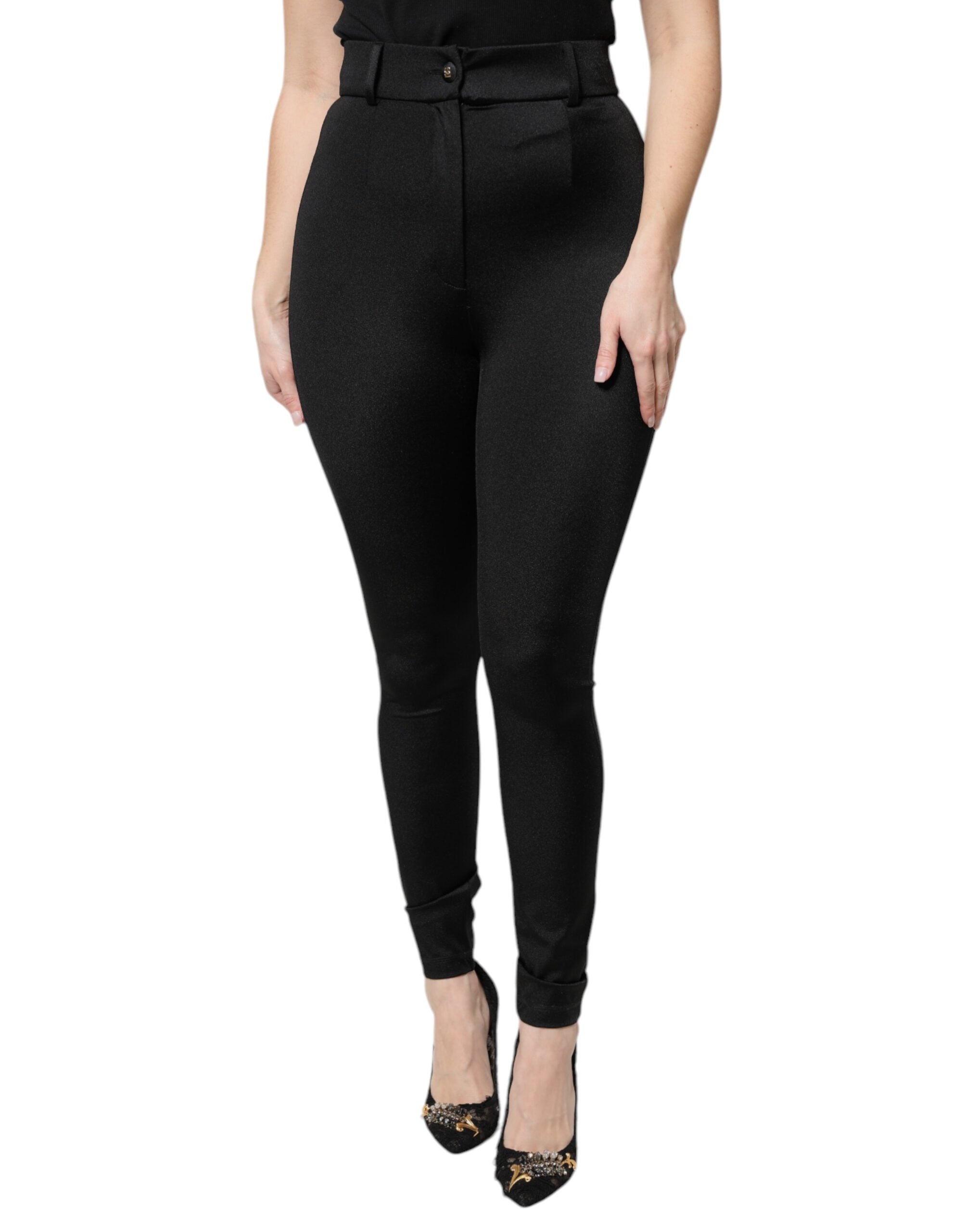Dolce & Gabbana Black nylon trousers with a high waist and slim fit
