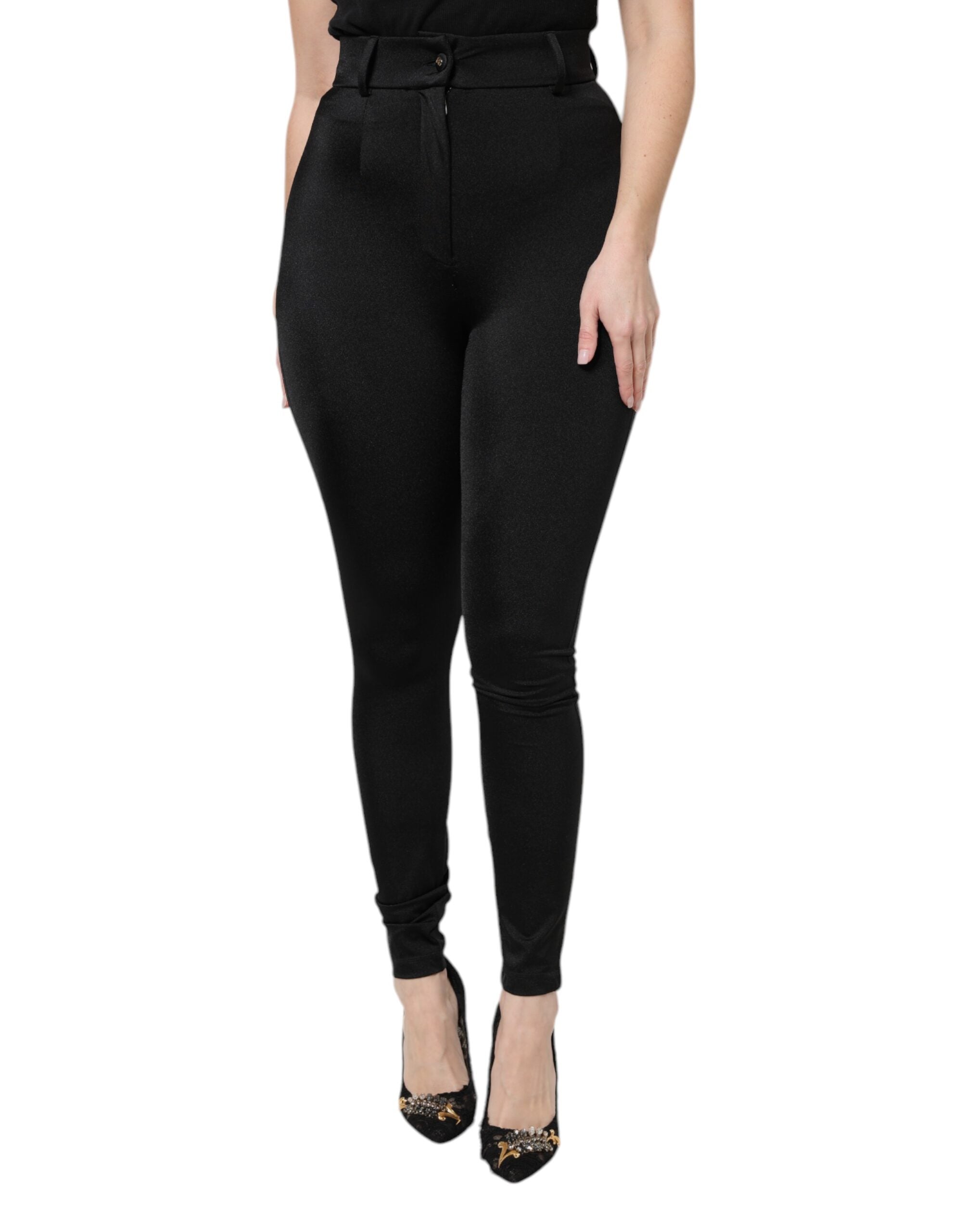 Dolce & Gabbana Black nylon trousers with a high waist and slim fit-2