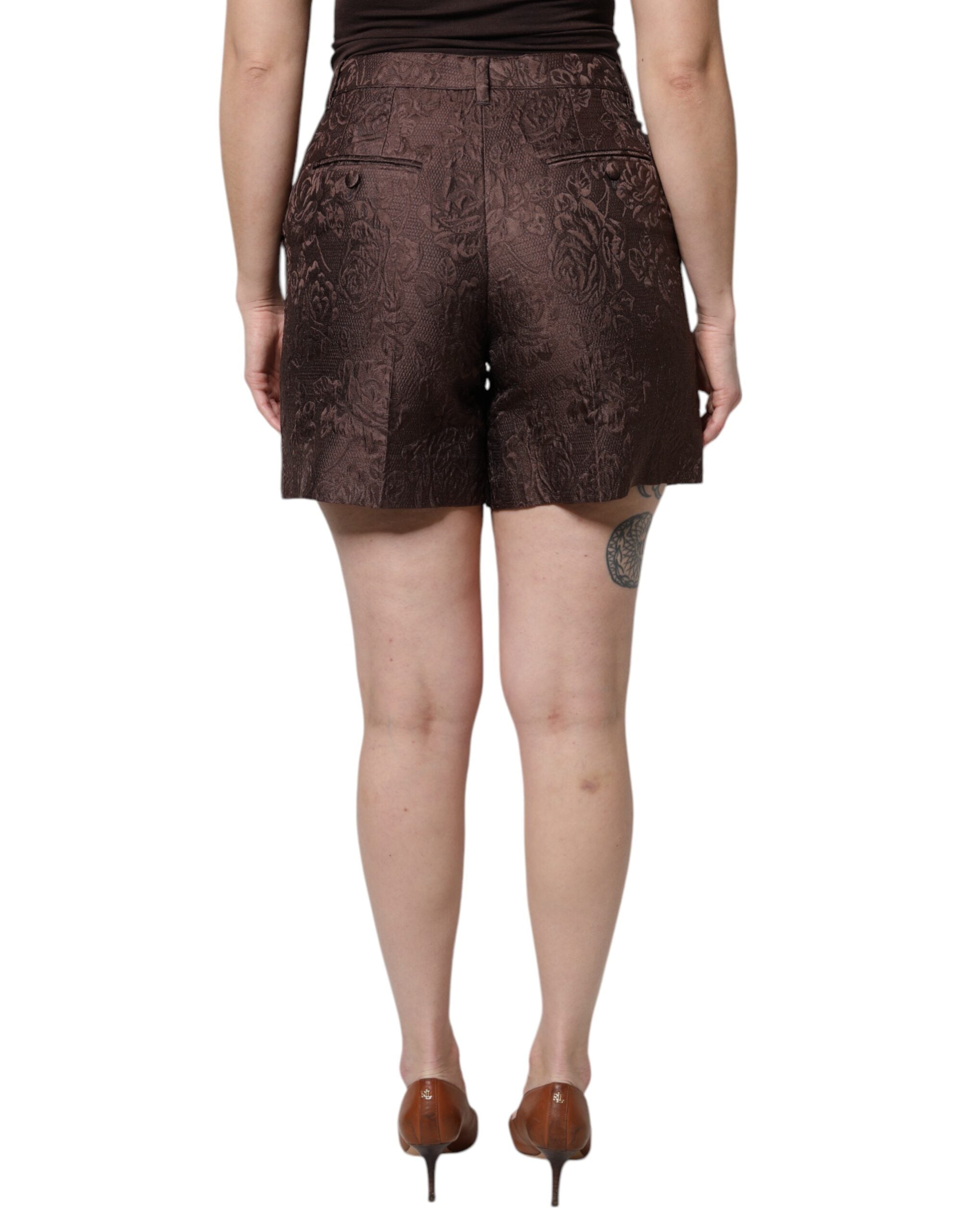 Dolce & Gabbana Brown Brocade Floral Pattern Mid-Waist Mini Shorts-4