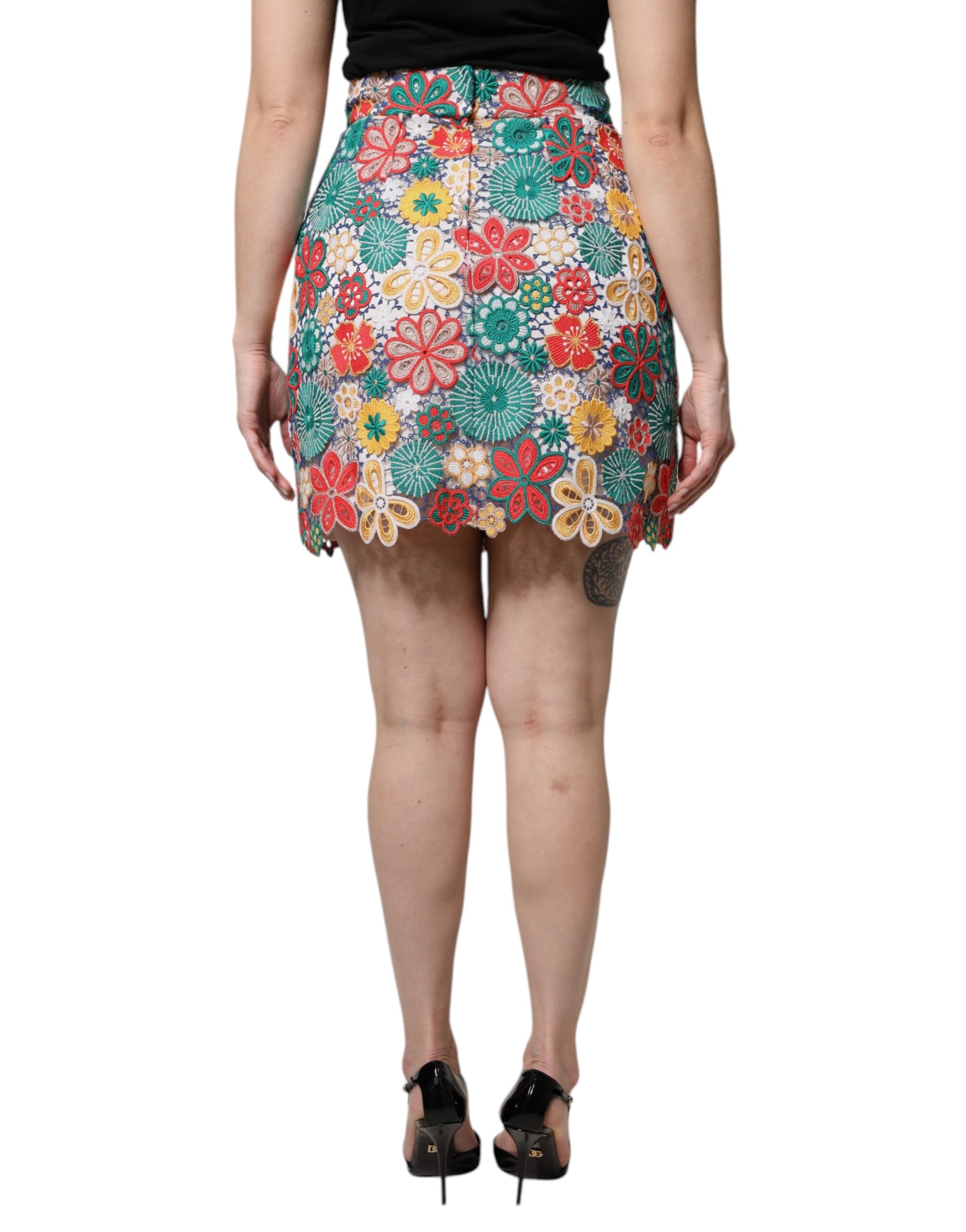 Dolce & Gabbana Multicolor Floral Lace High-Waisted Mini Skirt-4