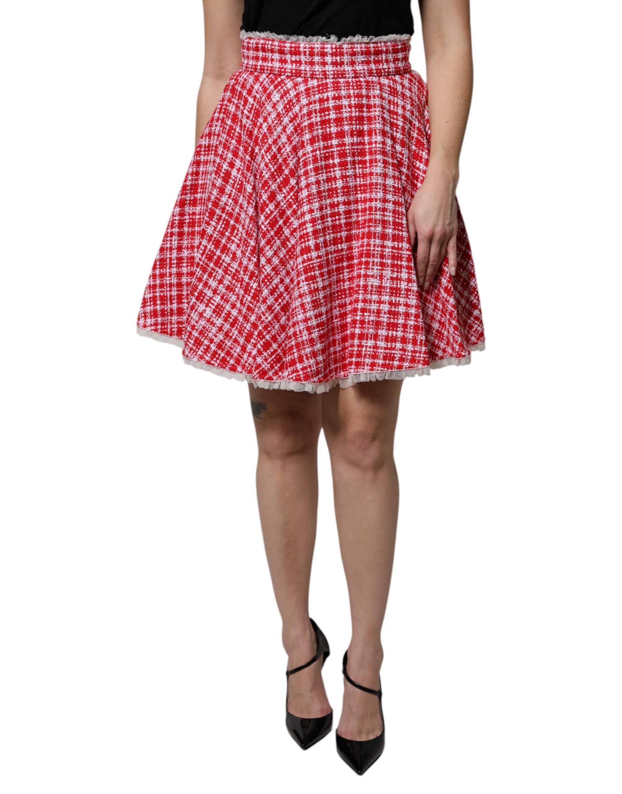 Dolce & Gabbana Red White High Waist A-Line Above Knee Skirt-2