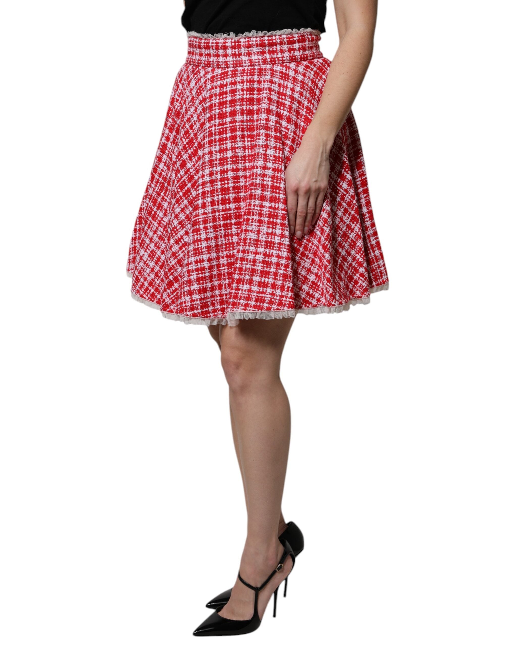 Dolce & Gabbana Red White High Waist A-Line Above Knee Skirt-3