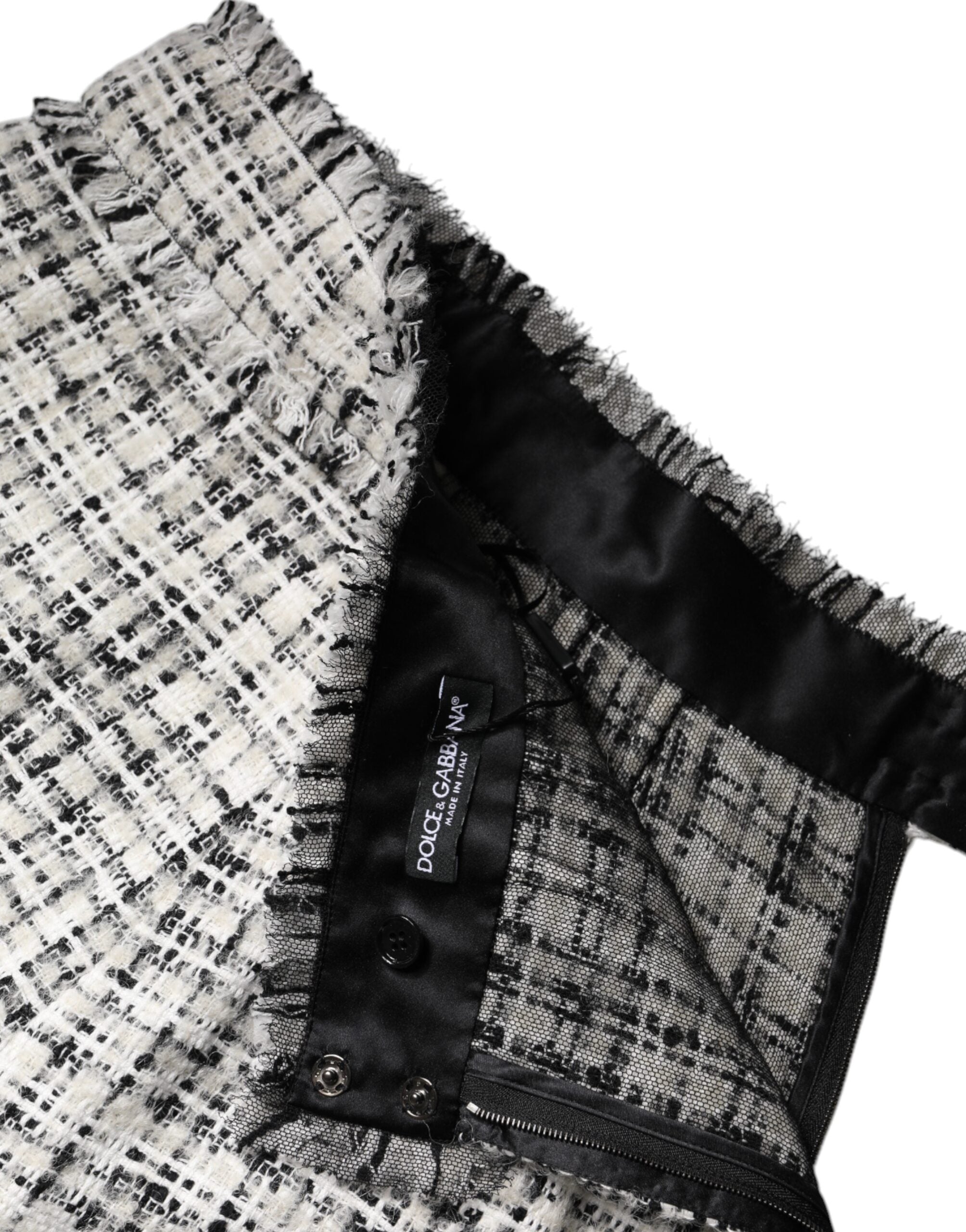 Dolce & Gabbana White Black High-Waisted Tartan Tweed Mini Skirt-6