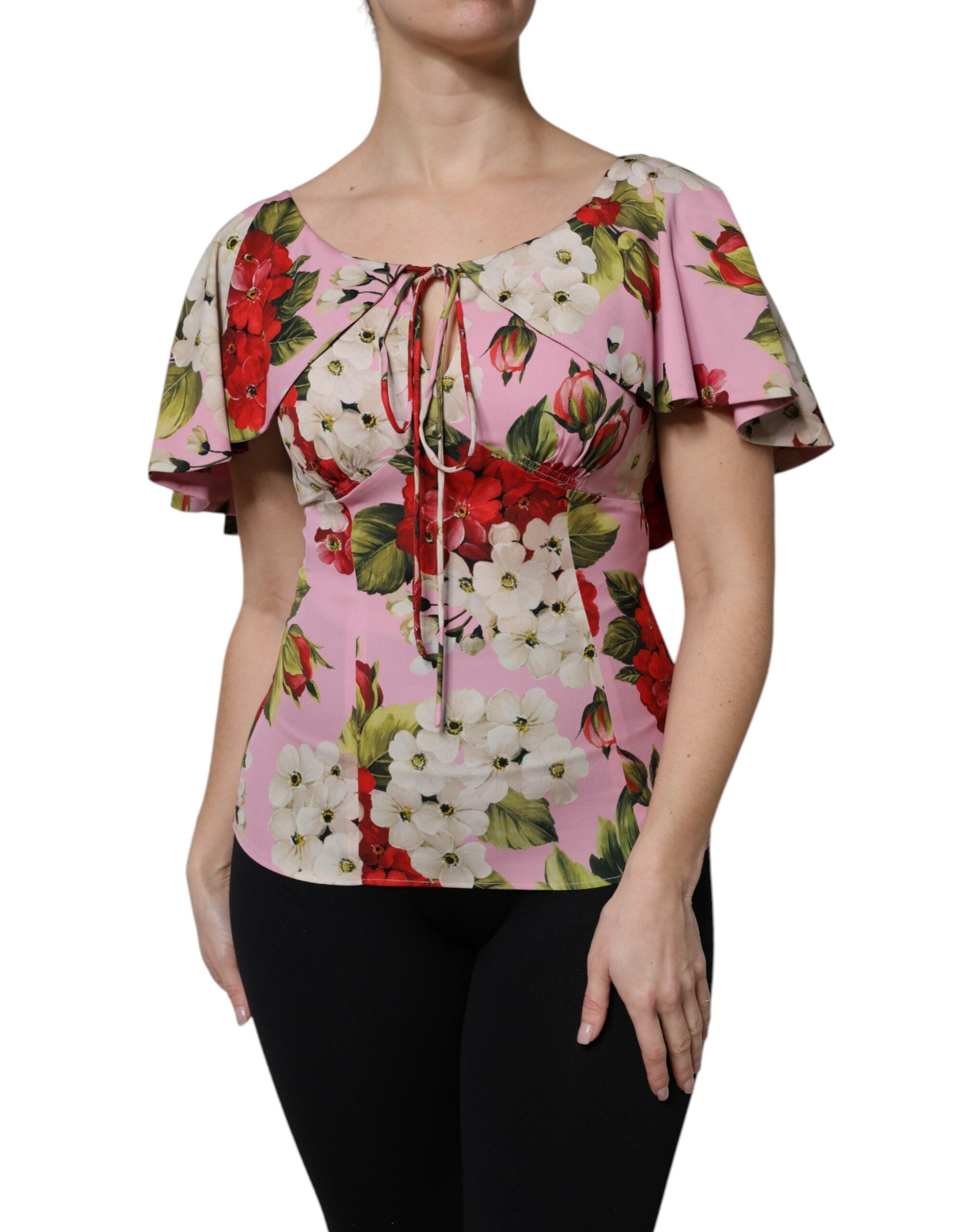 Dolce & Gabbana Pink floral silk blouse top with short sleeves-2