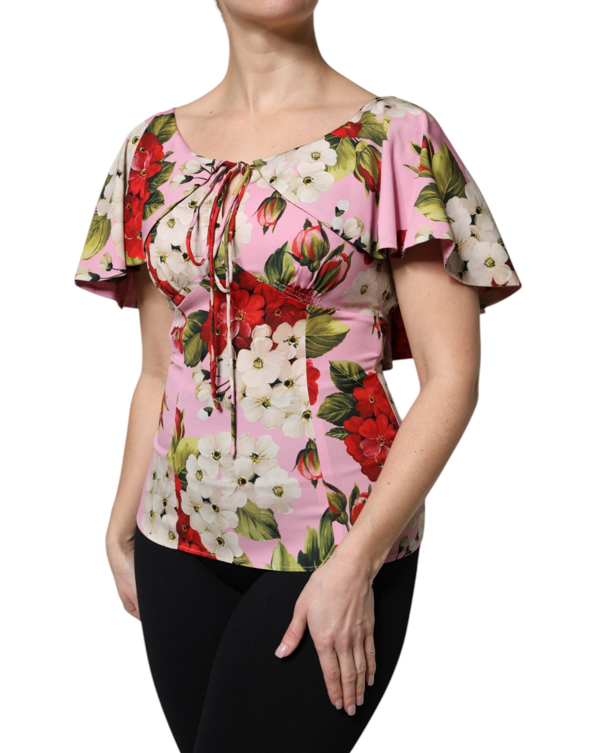 Dolce & Gabbana Pink floral silk blouse top with short sleeves-3