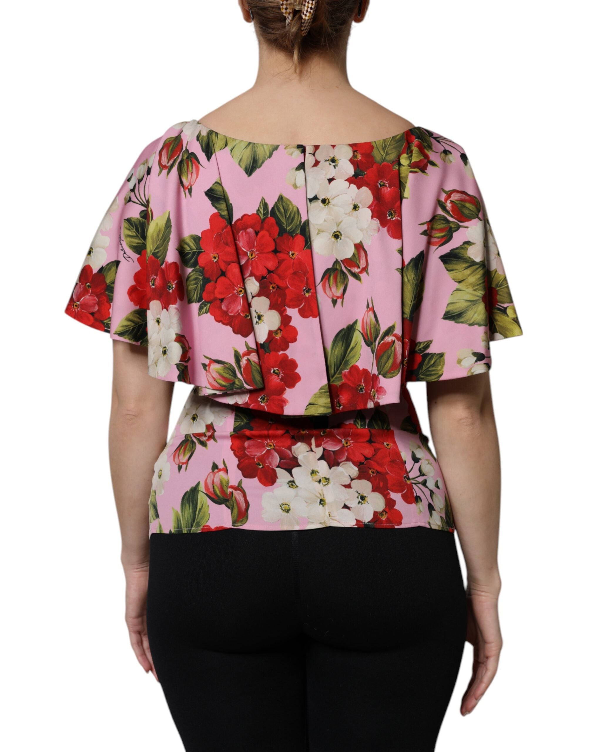 Dolce & Gabbana Pink floral silk blouse top with short sleeves-4