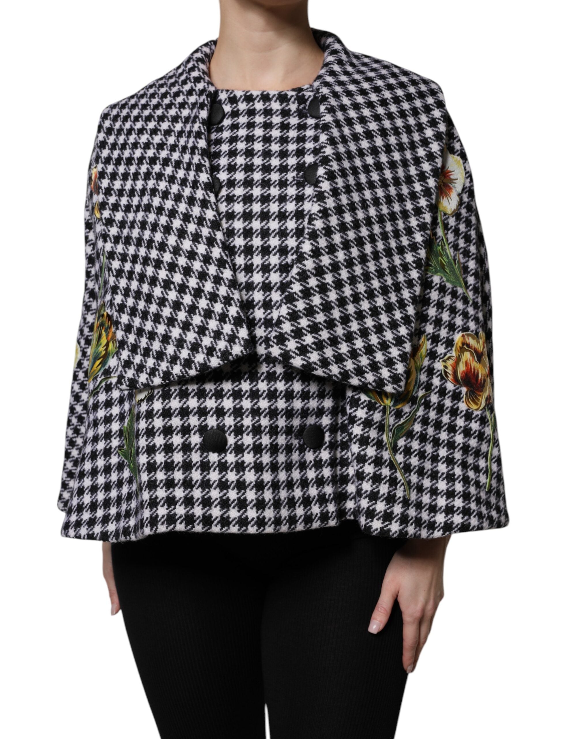Dolce & Gabbana Black White Monochrome Patterned Floral Cape Jacket-2