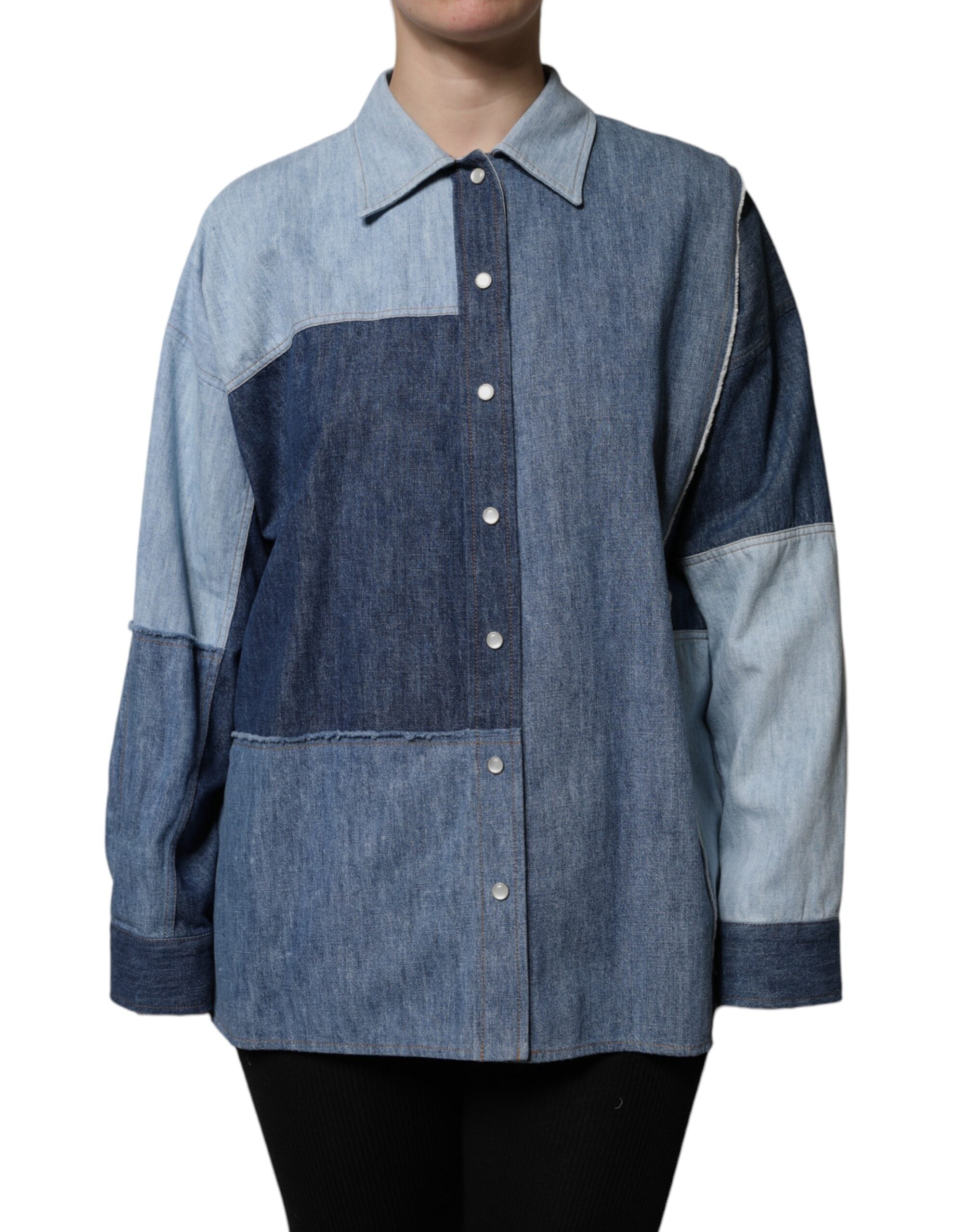 Dolce & Gabbana Blue Cotton Button-Down Long-Sleeved Top