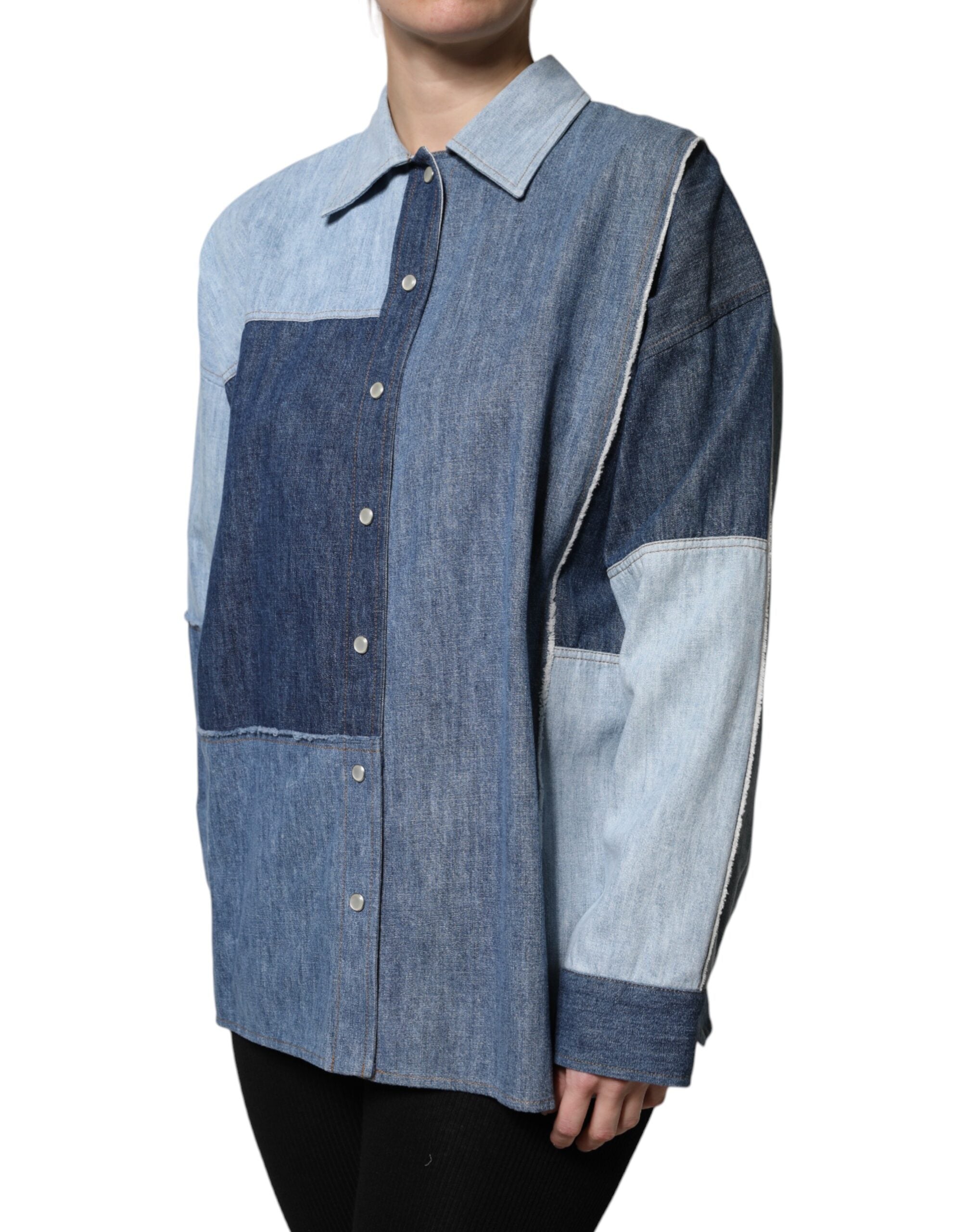 Dolce & Gabbana Blue Cotton Button-Down Long-Sleeved Top-3