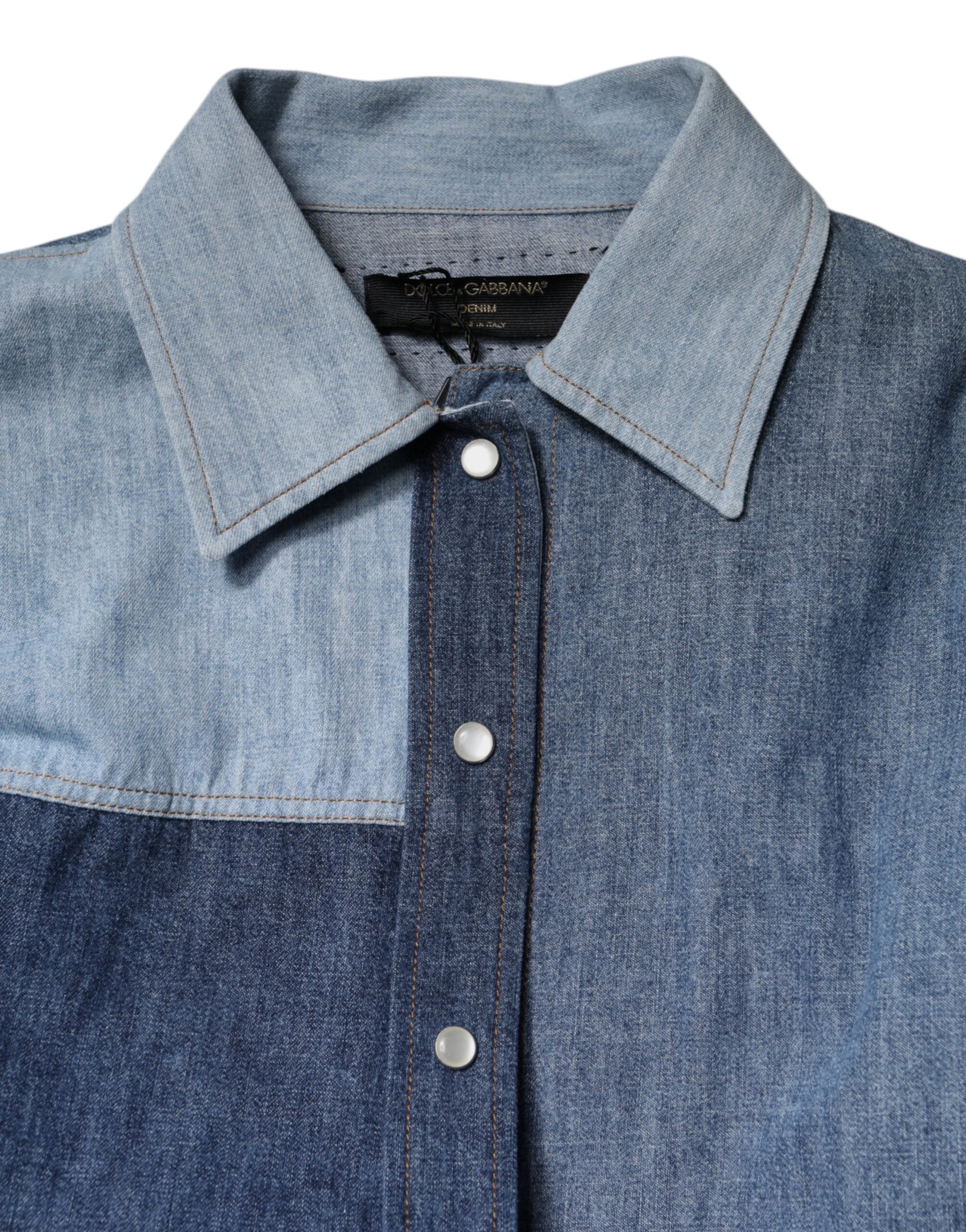 Dolce & Gabbana Blue Cotton Button-Down Long-Sleeved Top-7