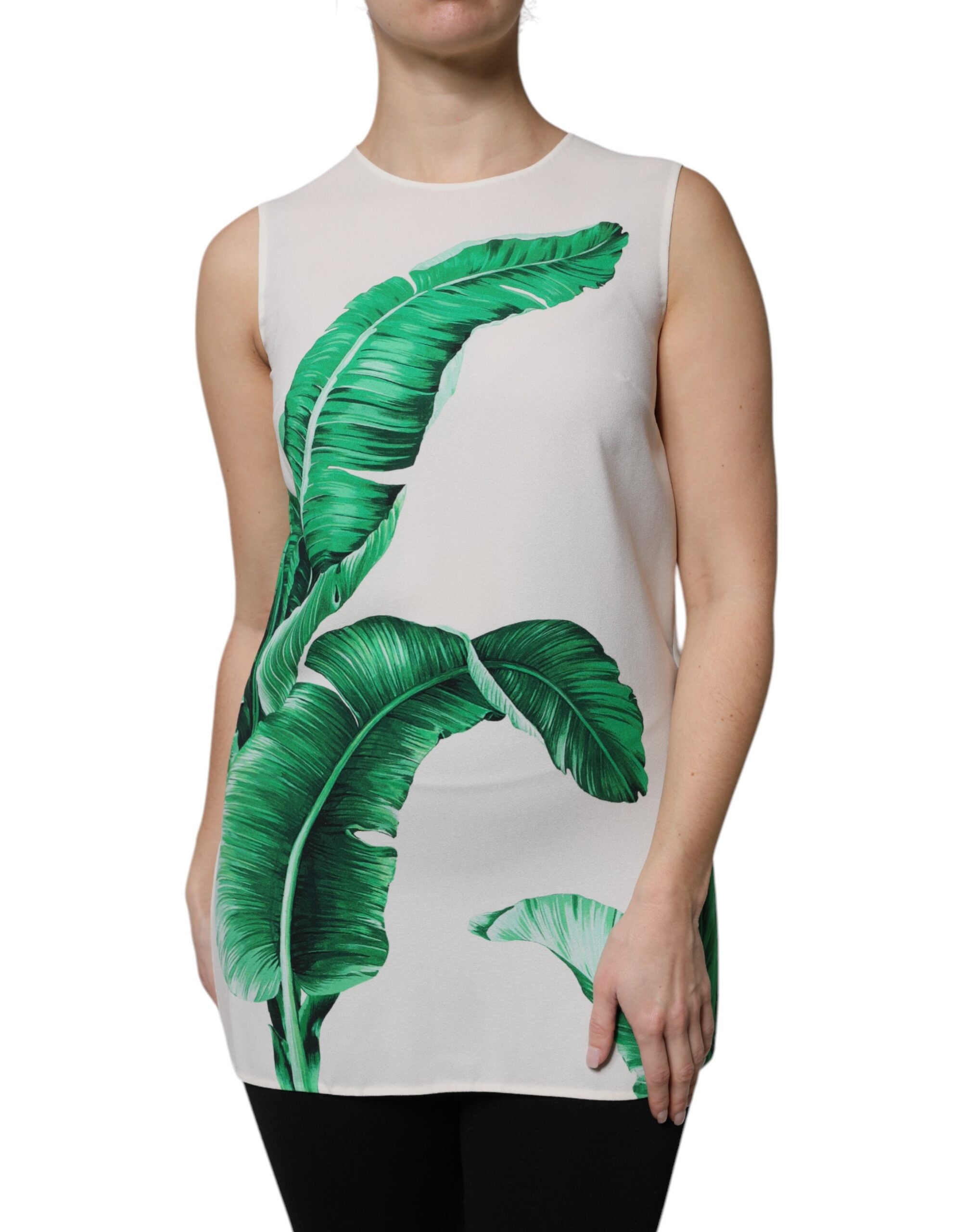 Top de cuello redondo con estampado de hojas de plátano blancas de Dolce & Gabbana-1