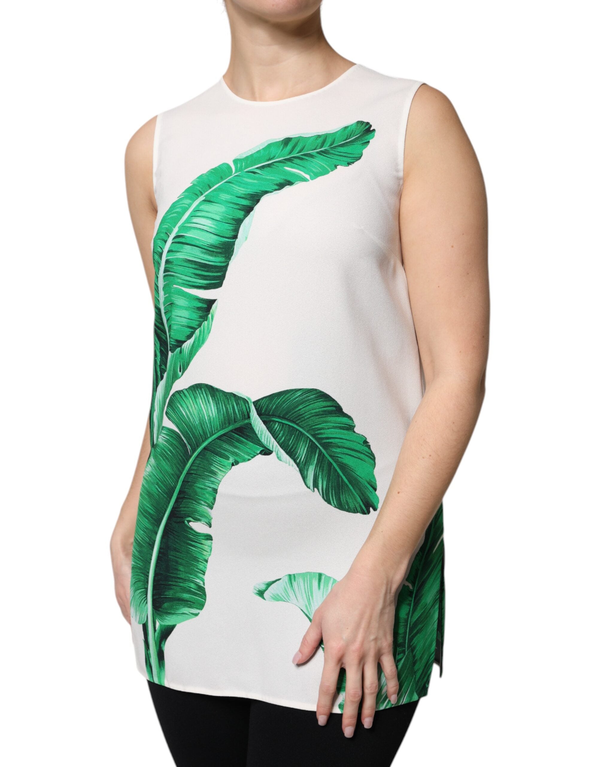 Top de cuello redondo con estampado de hojas de plátano blancas de Dolce & Gabbana-3