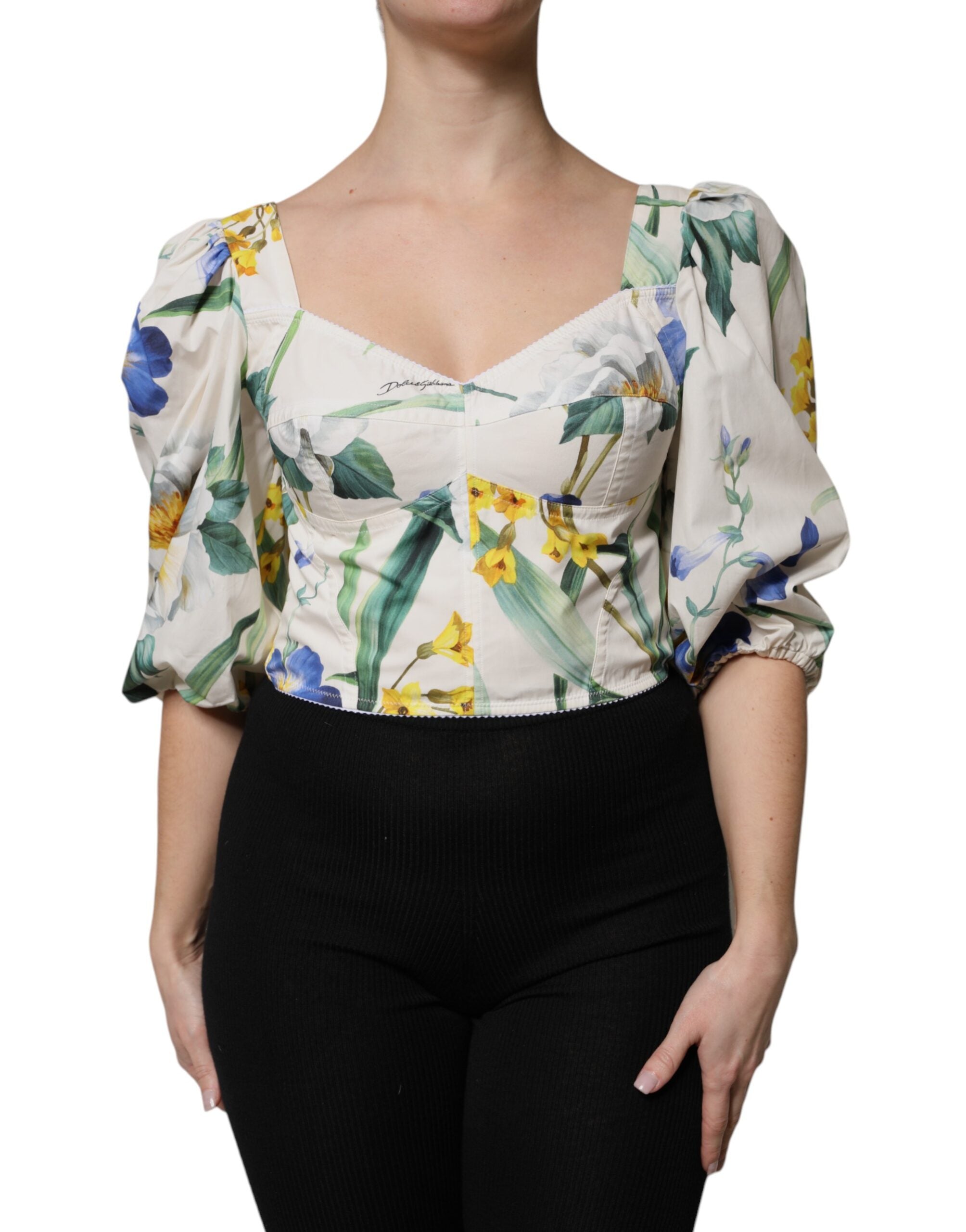 Dolce & Gabbana White Floral Puff Sleeve Blouse Top-1