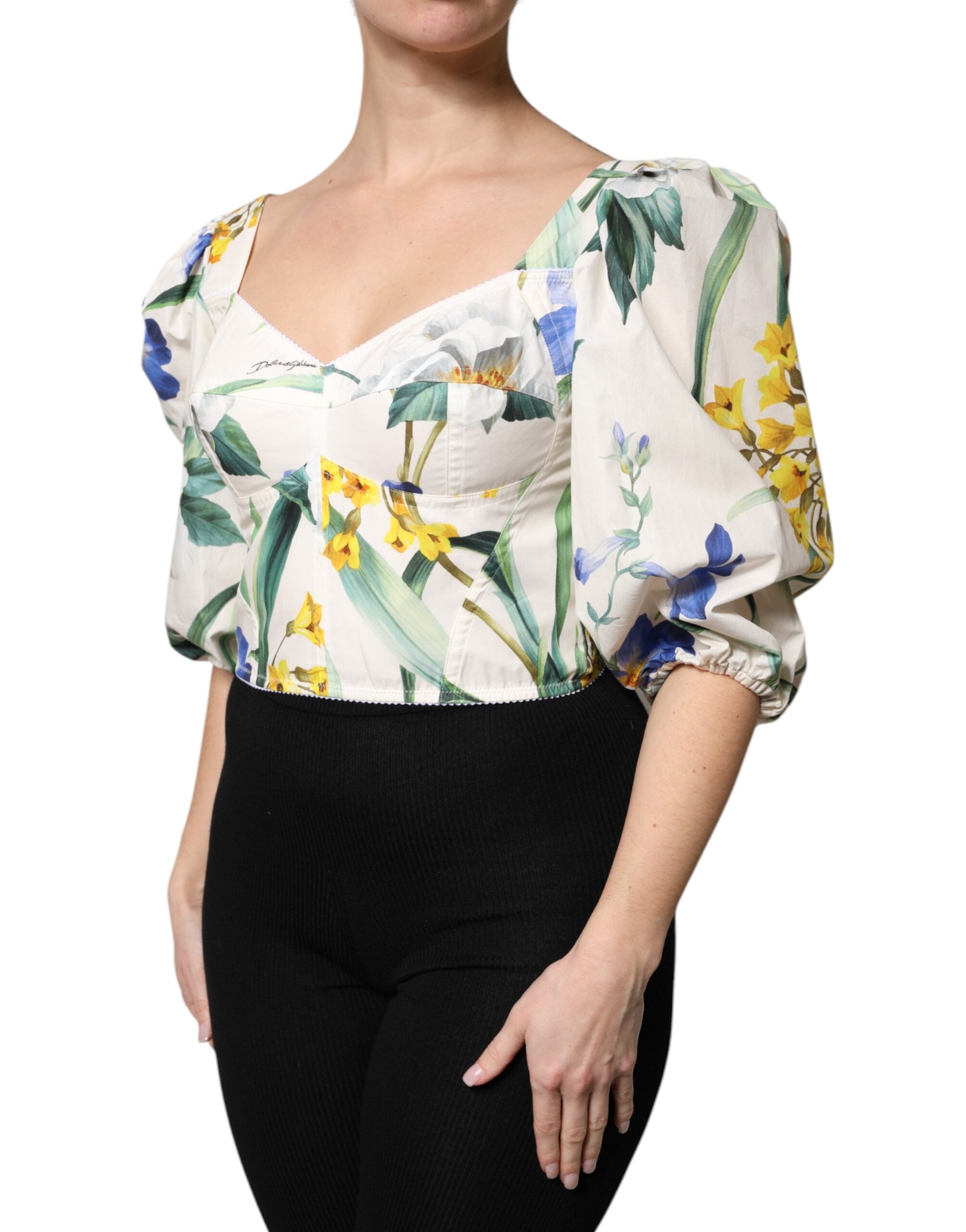 Dolce & Gabbana White Floral Puff Sleeve Blouse Top-3