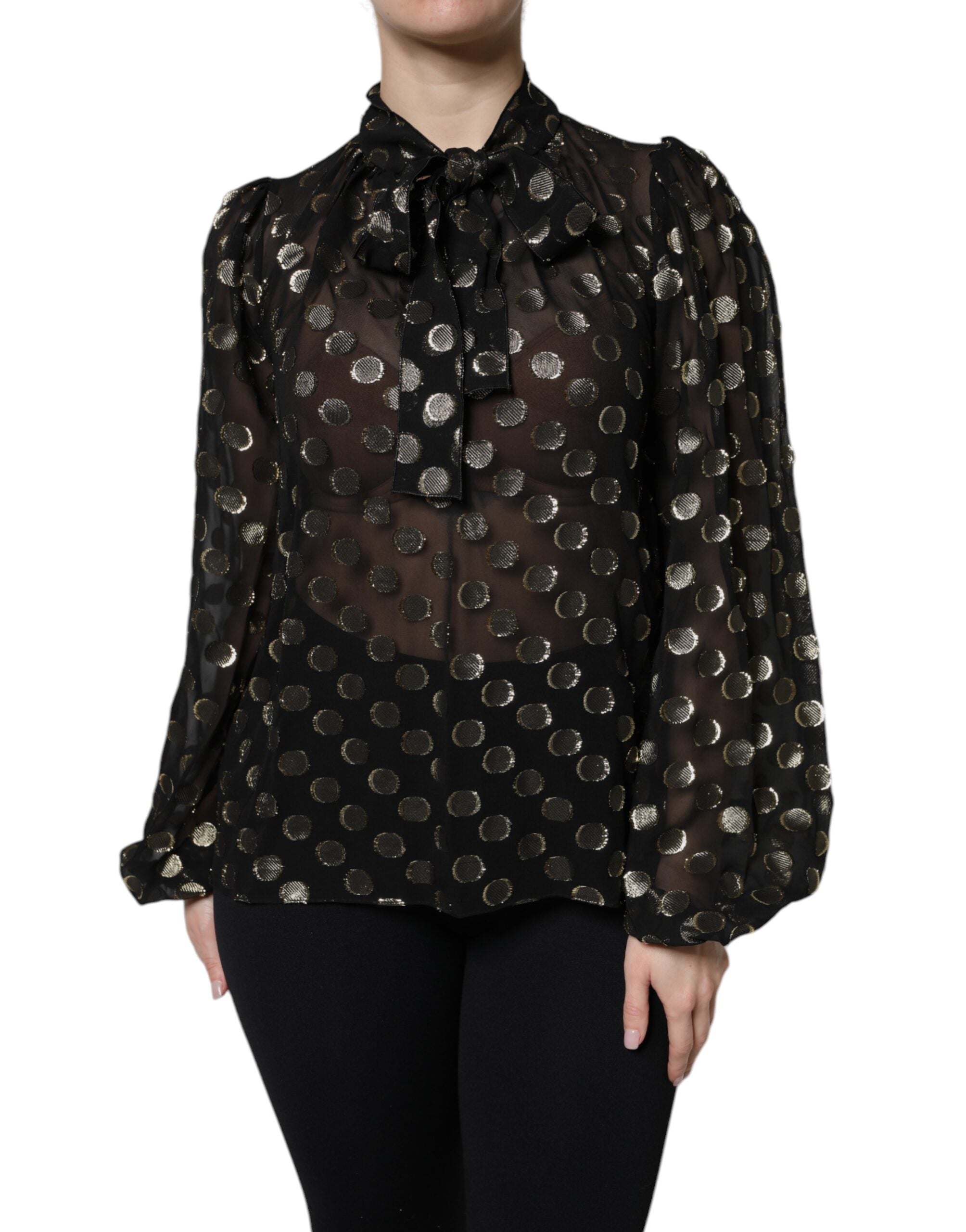 Dolce & Gabbana black blouse top with laced neckline and polka dots-1