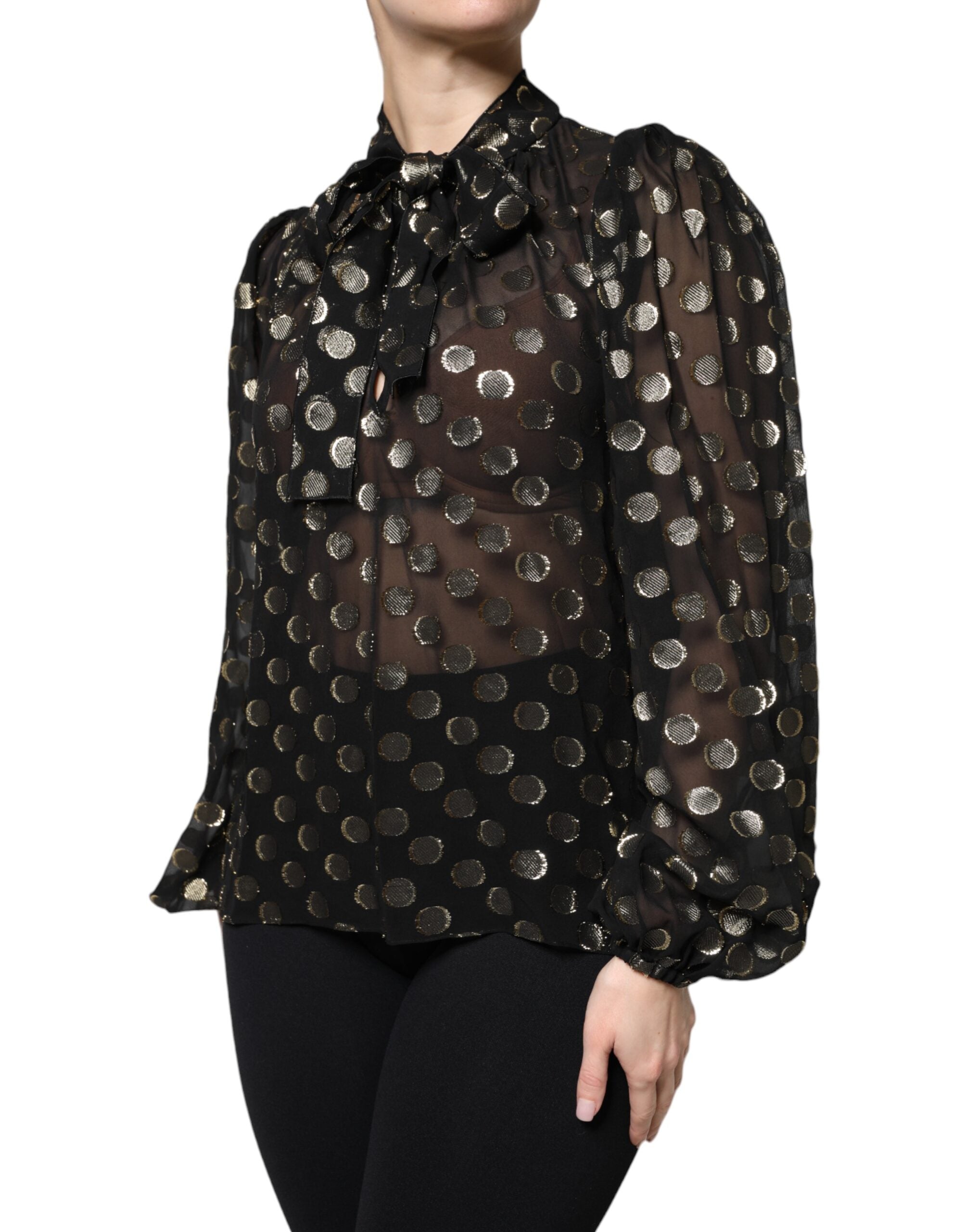Dolce & Gabbana black blouse top with laced neckline and polka dots-3