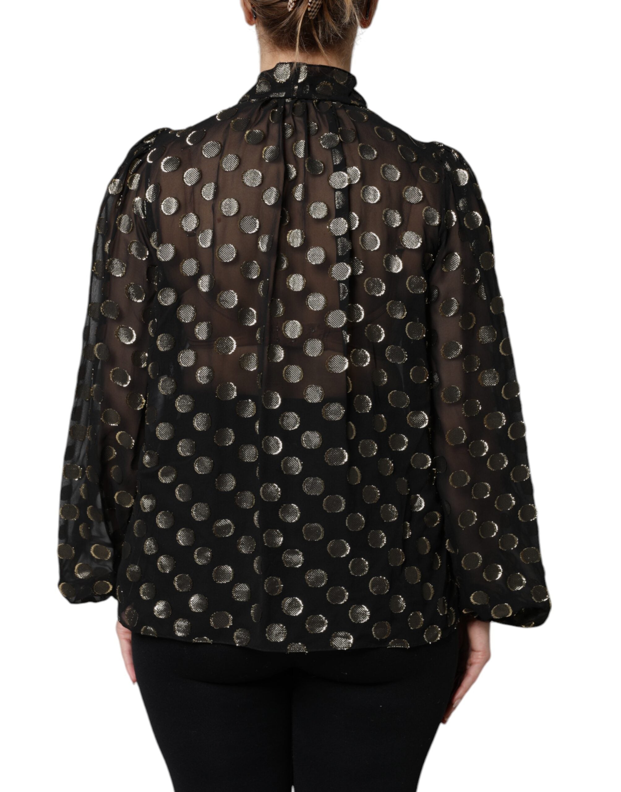 Dolce & Gabbana black blouse top with laced neckline and polka dots-4