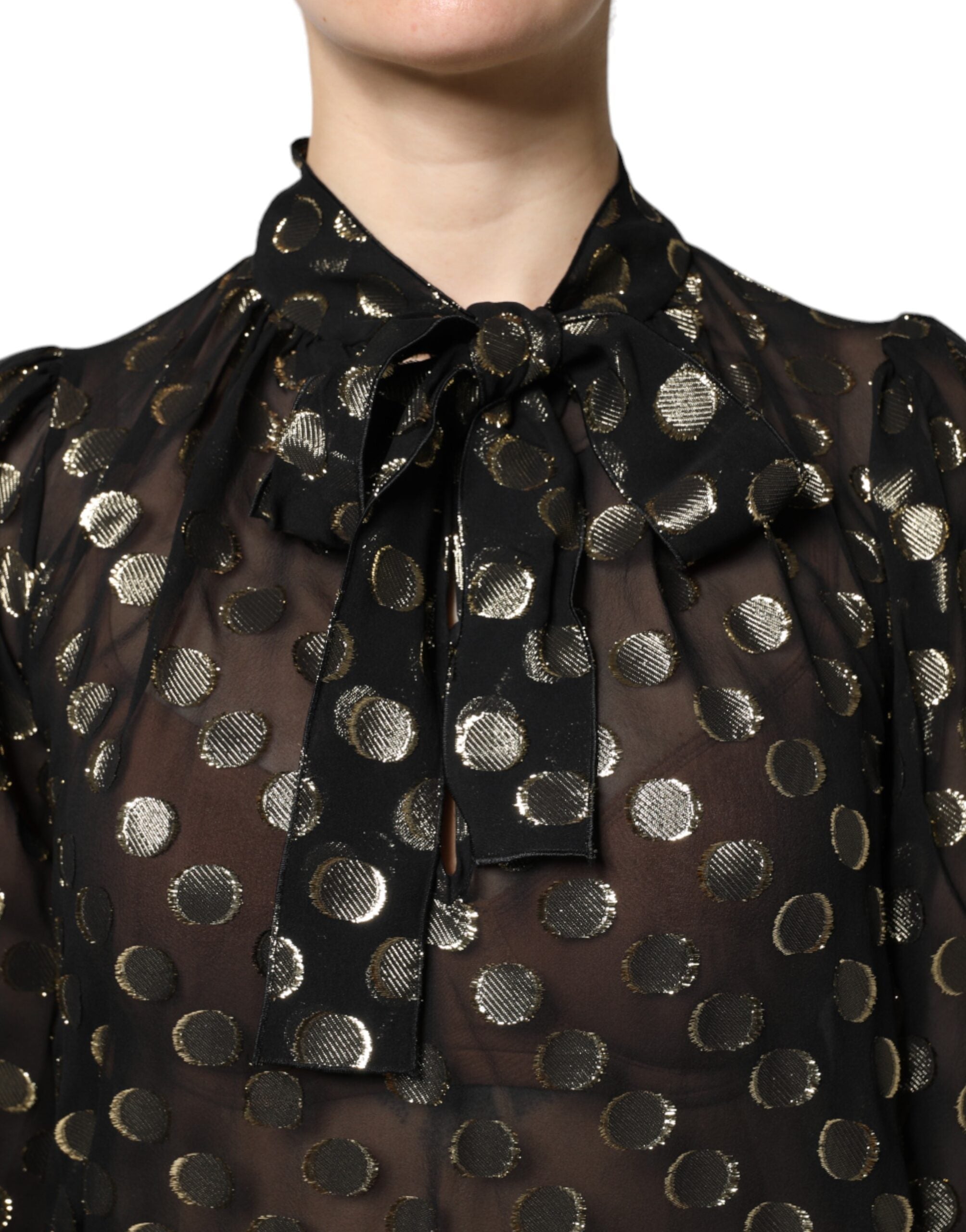 Dolce & Gabbana black blouse top with laced neckline and polka dots-6
