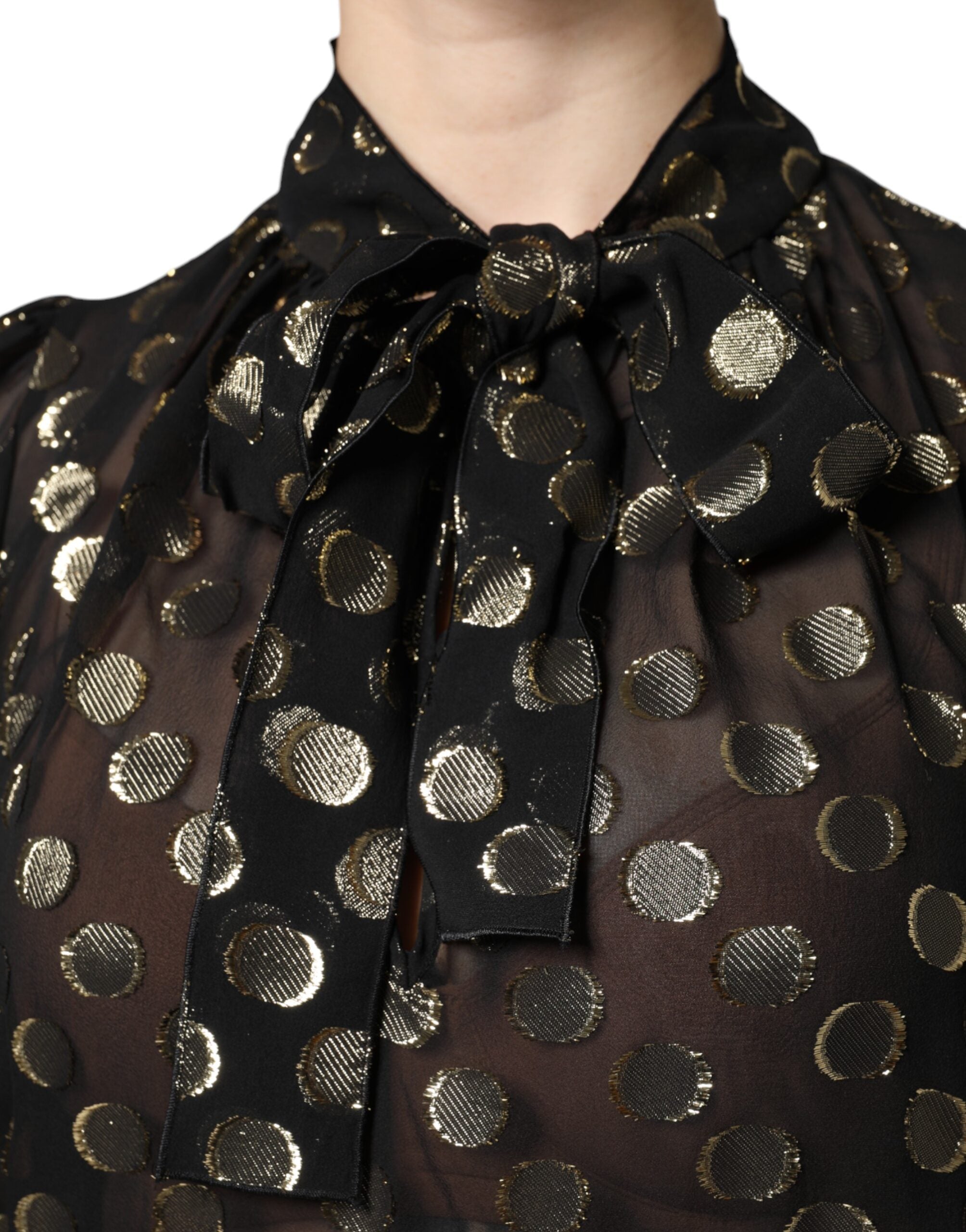 Dolce & Gabbana black blouse top with laced neckline and polka dots-7