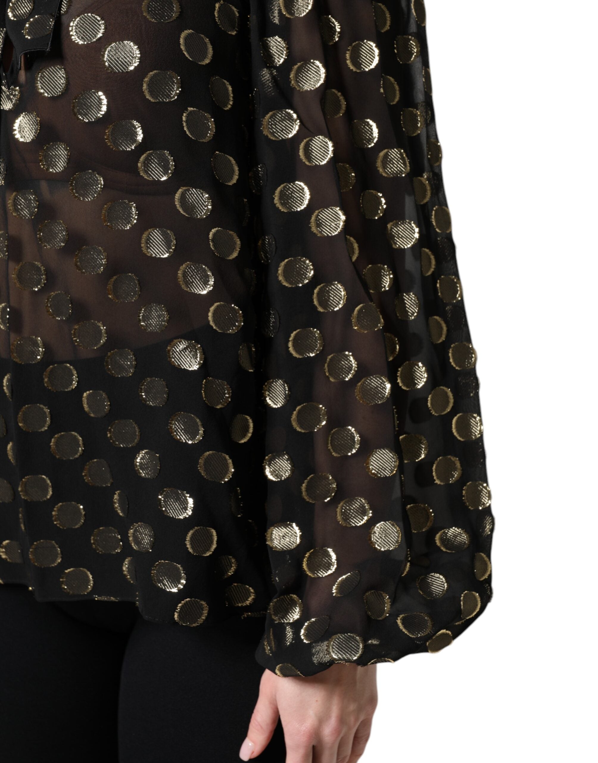 Dolce & Gabbana black blouse top with laced neckline and polka dots-8