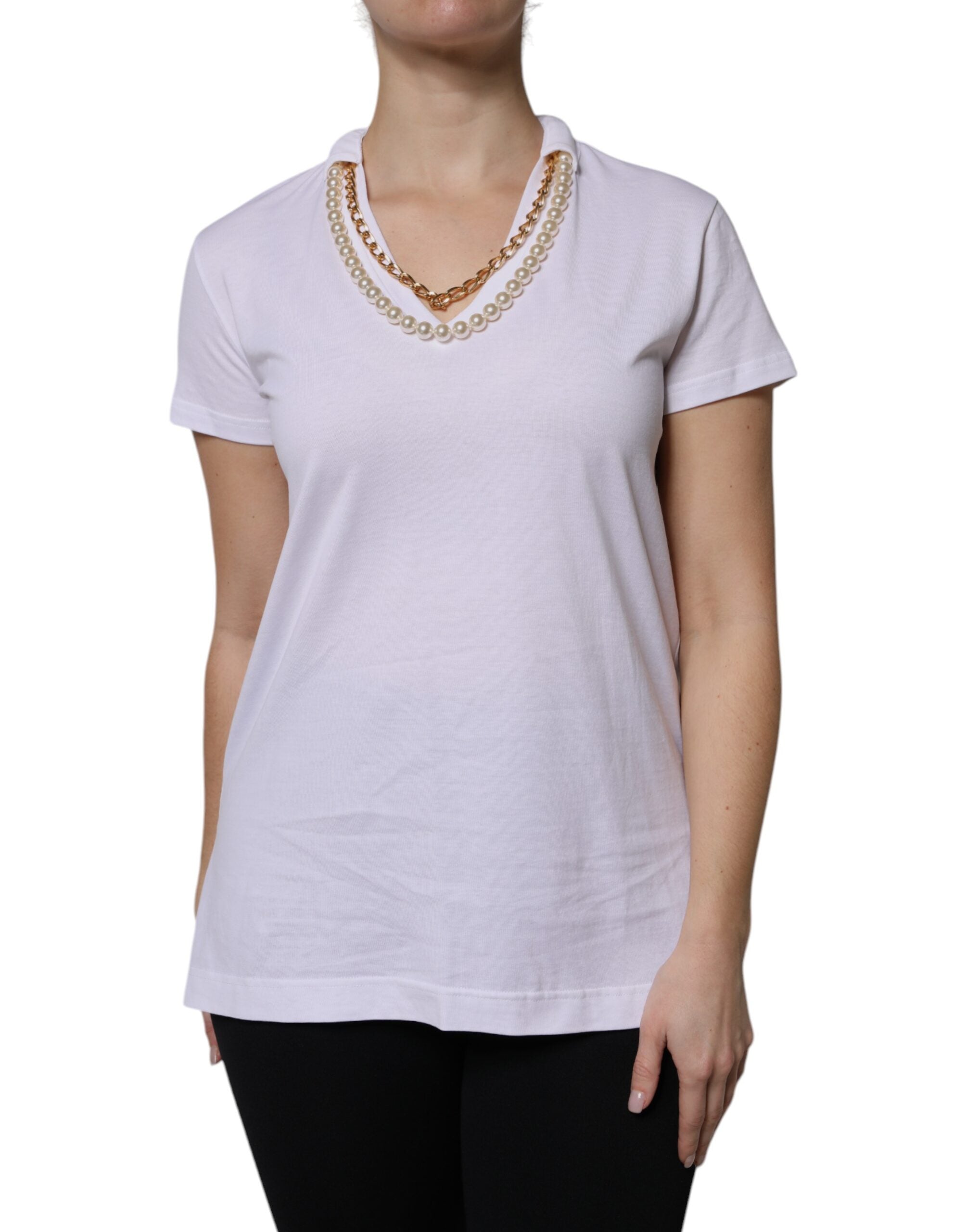 Dolce & Gabbana White Cotton Short-Sleeved T-Shirt with Necklace-1
