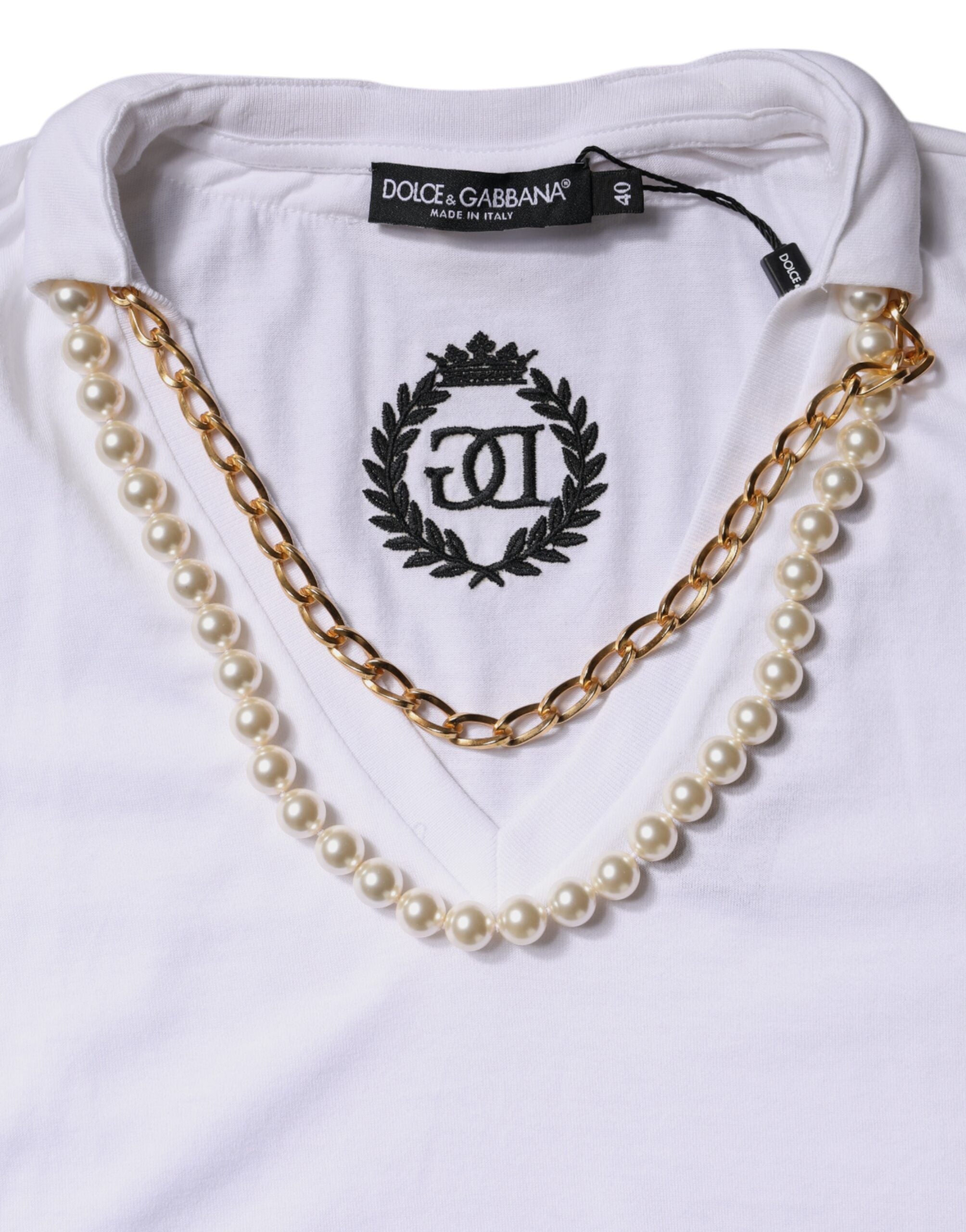 Dolce & Gabbana White Cotton Short-Sleeved T-Shirt with Necklace-8