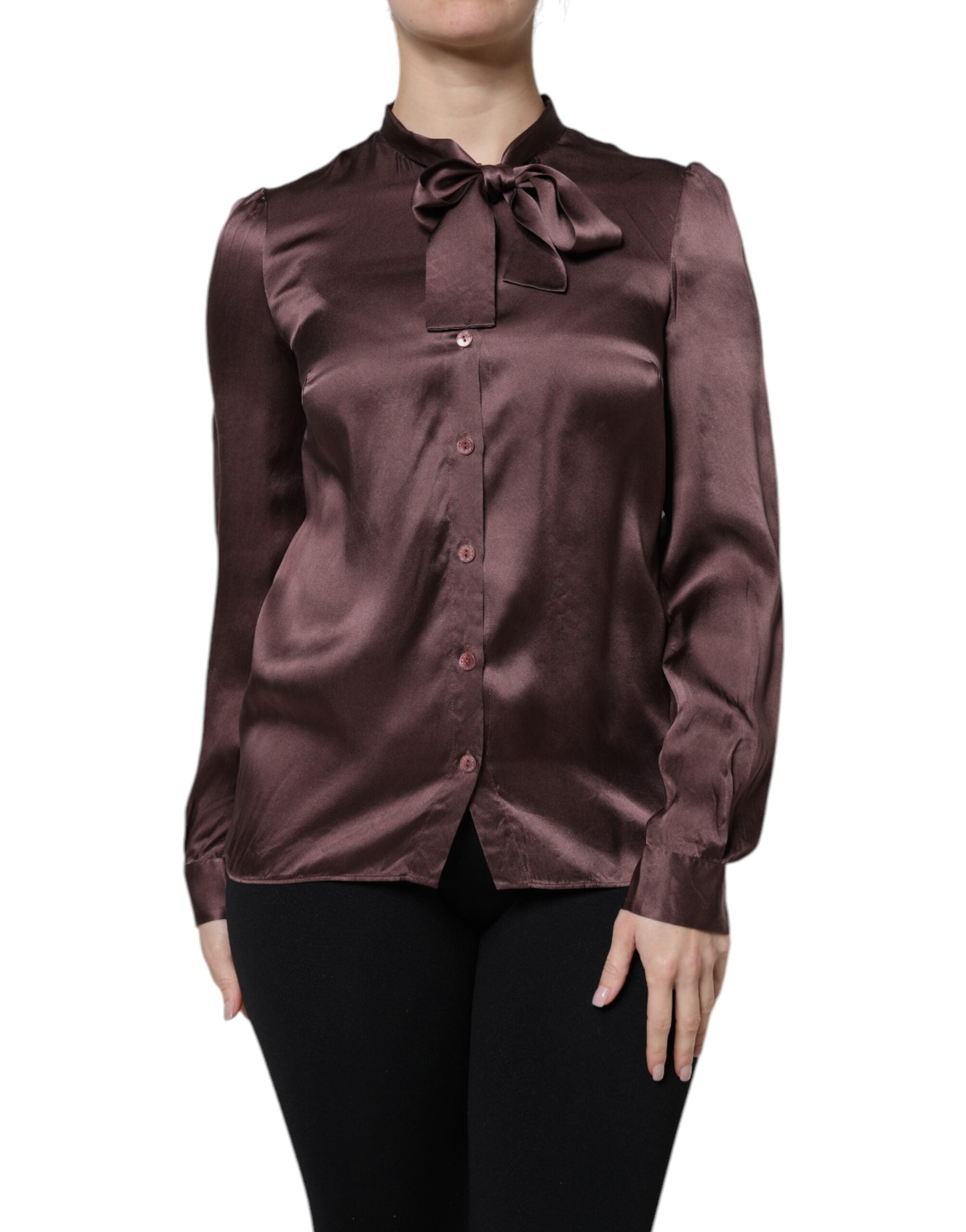 Dolce & Gabbana Brown Ascot Collar Long Sleeve Blouse Top-1