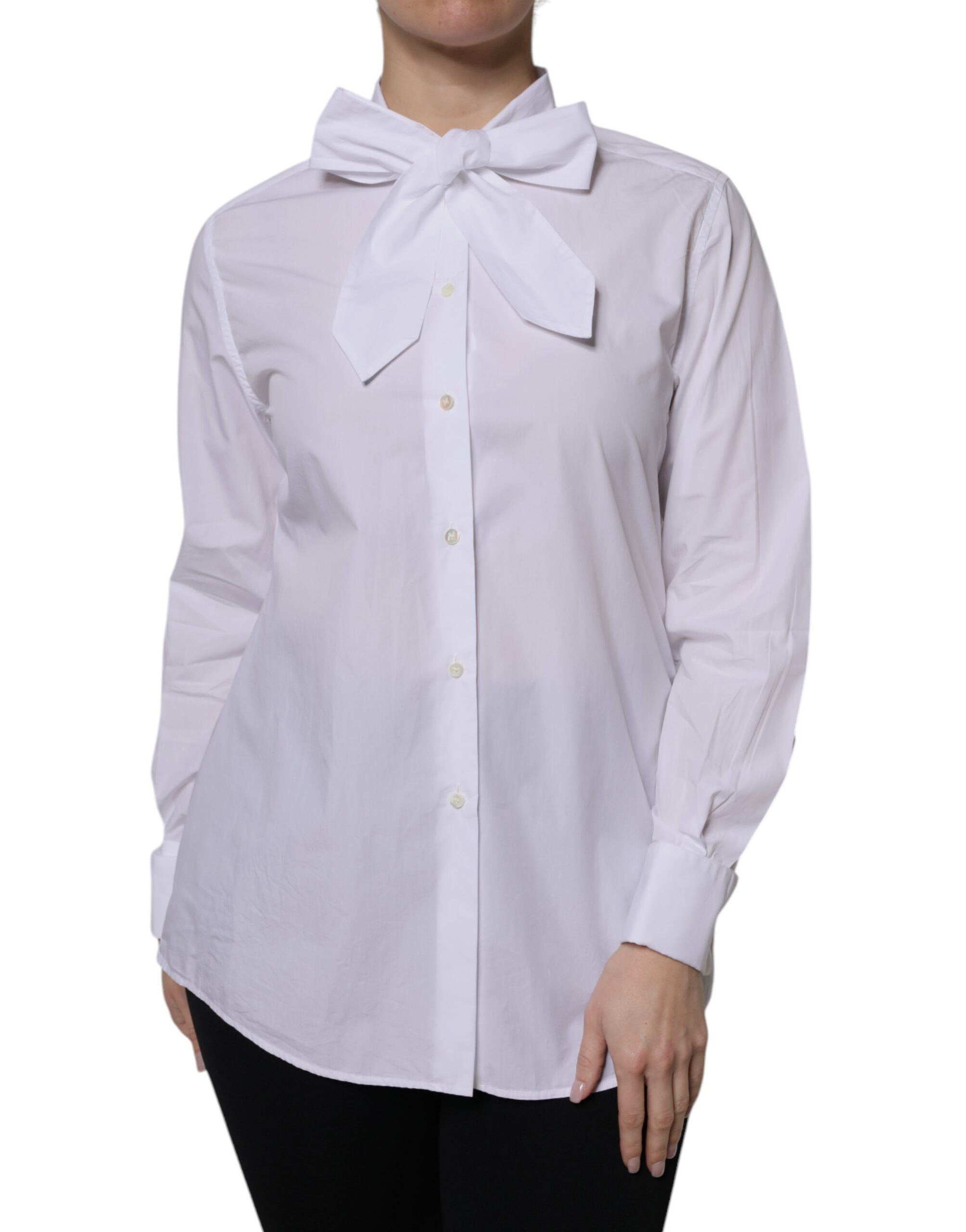Dolce & Gabbana White Ascot Collar Long Sleeve Blouse Top-1